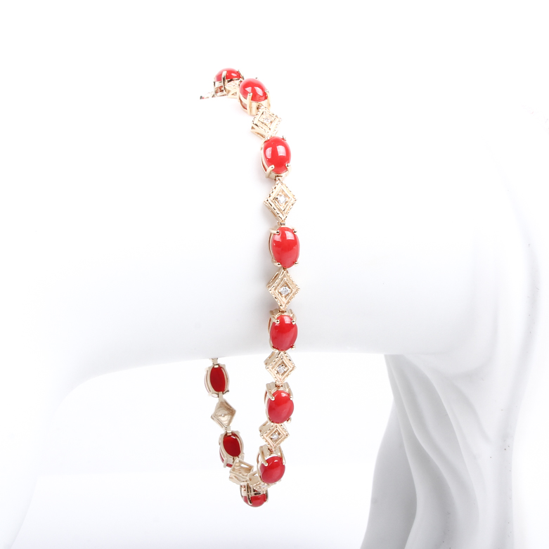 14K Yellow Gold, Coral, and Diamond Tennis Bracelet