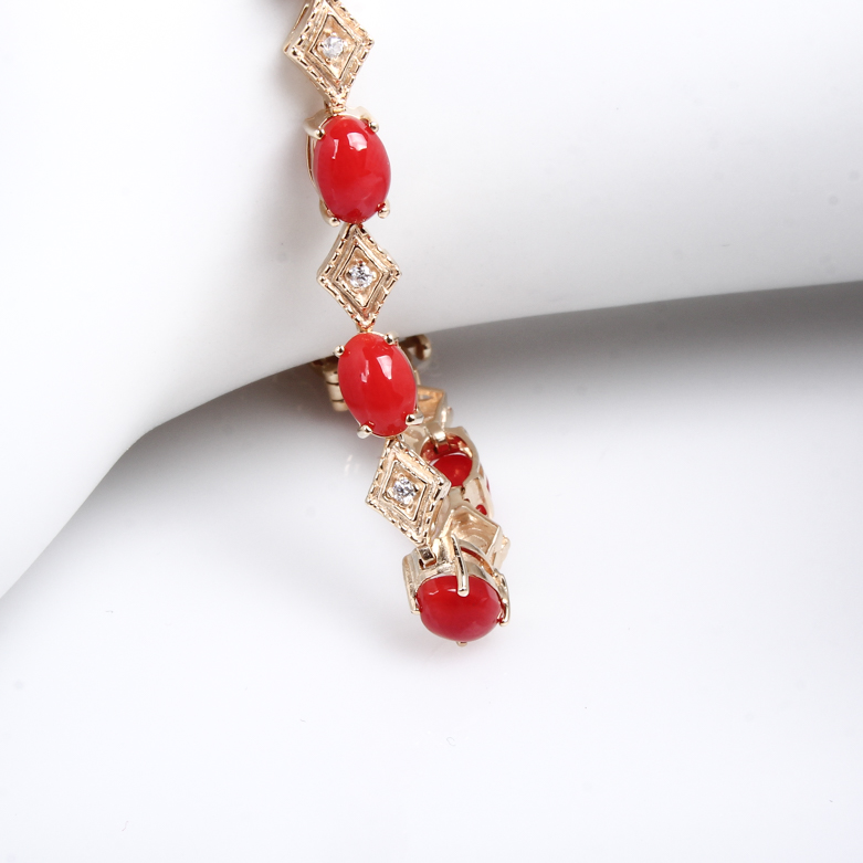 14K Yellow Gold, Coral, and Diamond Tennis Bracelet