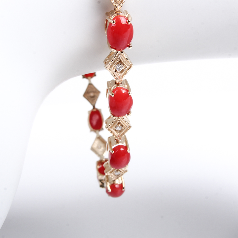 14K Yellow Gold, Coral, and Diamond Tennis Bracelet