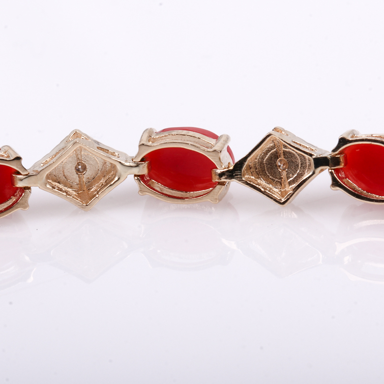 14K Yellow Gold, Coral, and Diamond Tennis Bracelet