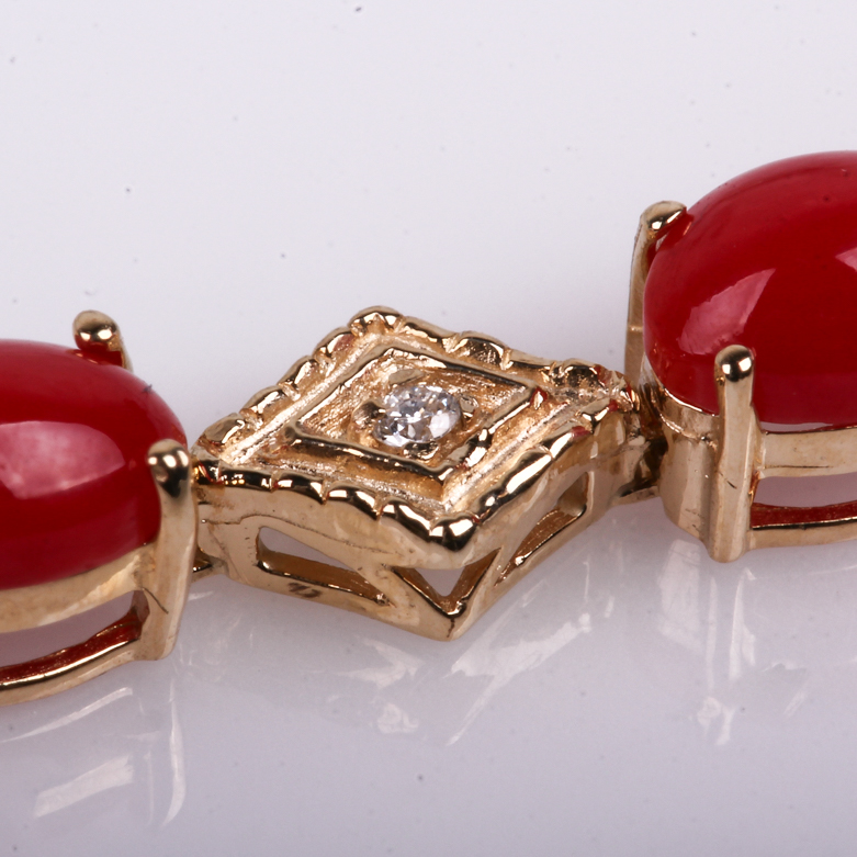 14K Yellow Gold, Coral, and Diamond Tennis Bracelet