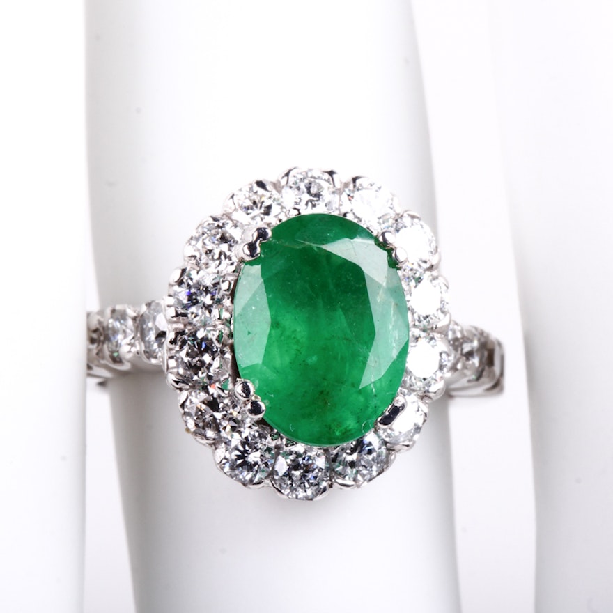 14K White Gold, Emerald, and 1.00 CTW Diamond Halo Ring