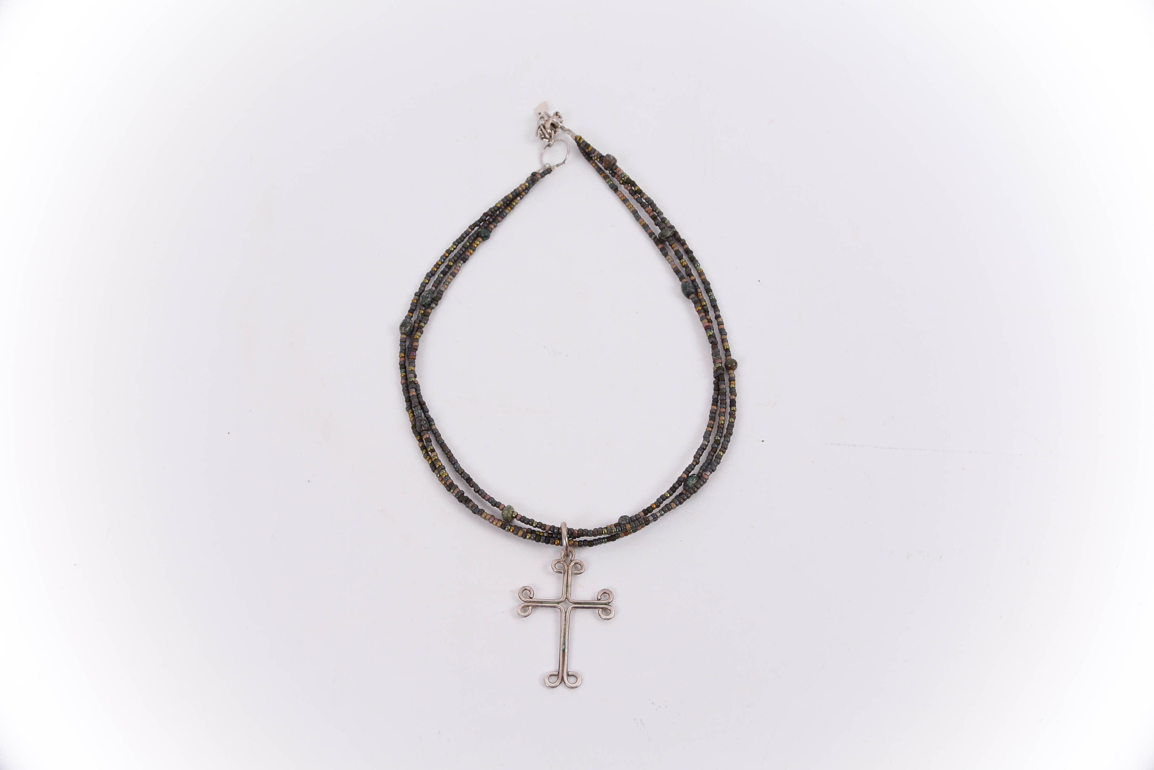 Signed David Morgan Celtic Linear Cross on Multi-Strand Beaded Necklace