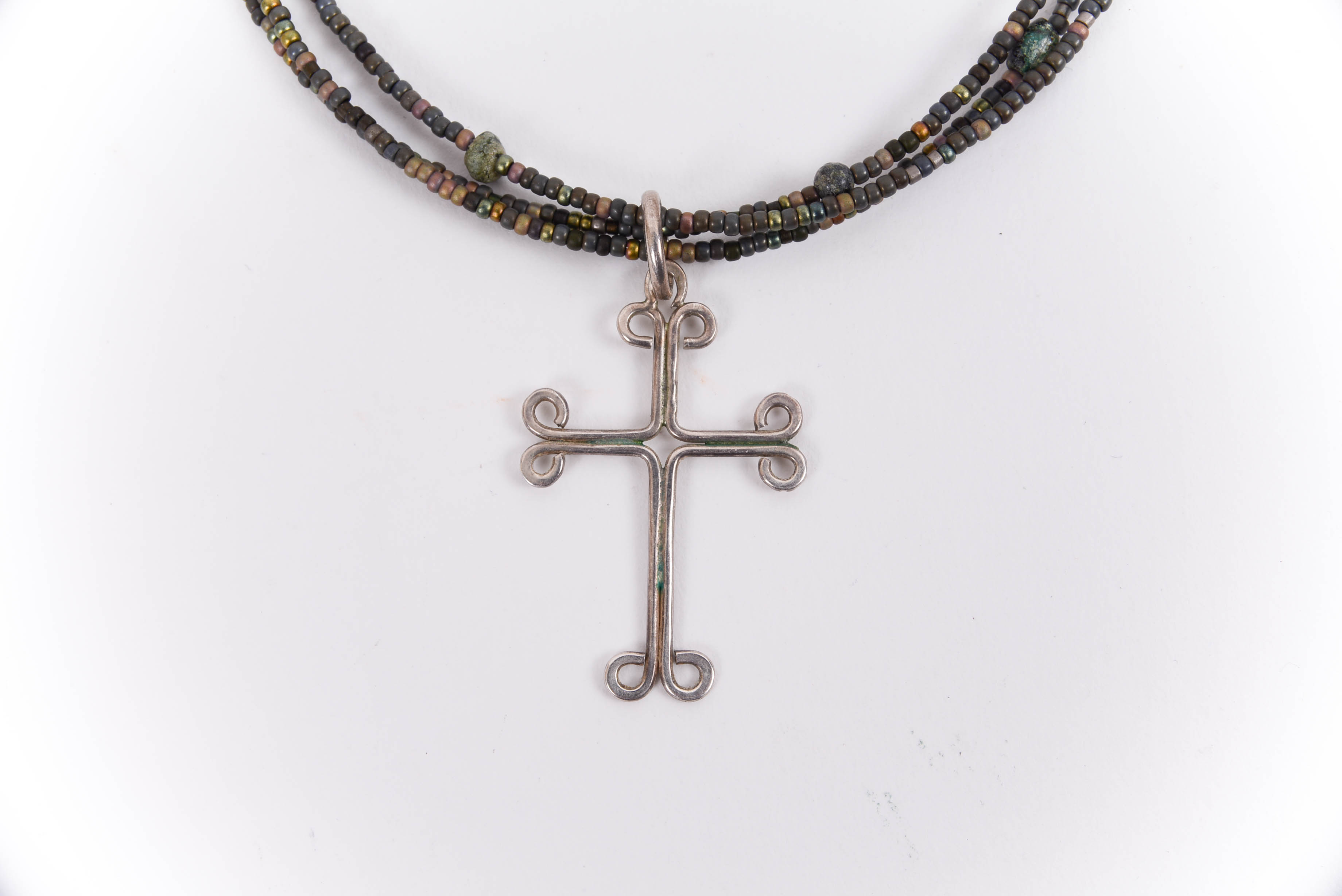 Signed David Morgan Celtic Linear Cross on Multi-Strand Beaded Necklace