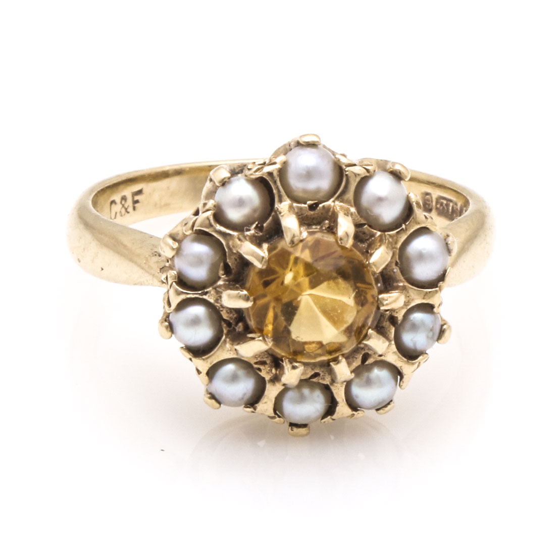 Vintage 9K Yellow Gold Heliodor and Pearl Ring