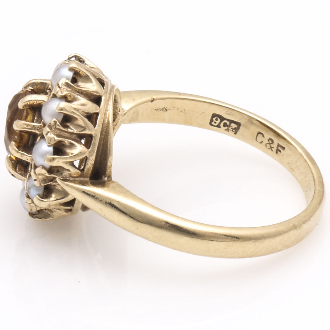 Vintage 9K Yellow Gold Heliodor and Pearl Ring