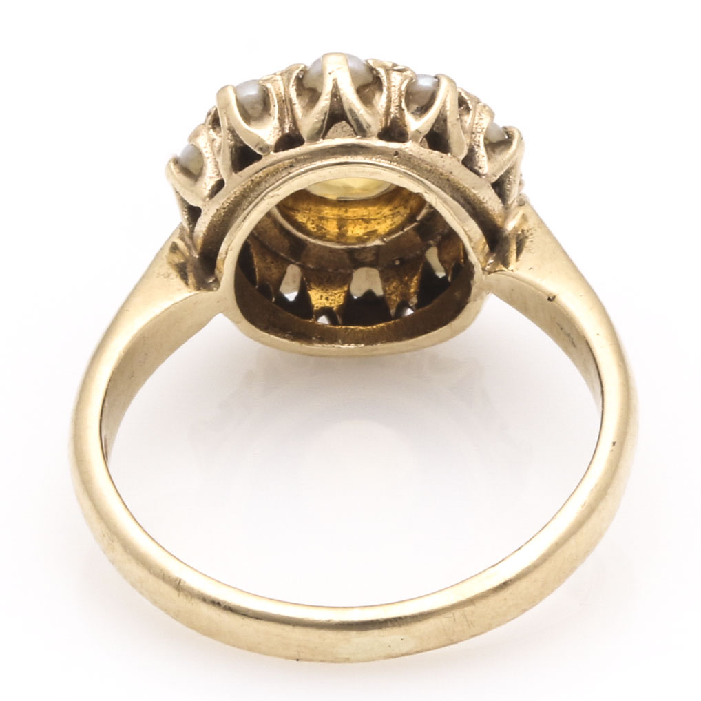 Vintage 9K Yellow Gold Heliodor and Pearl Ring