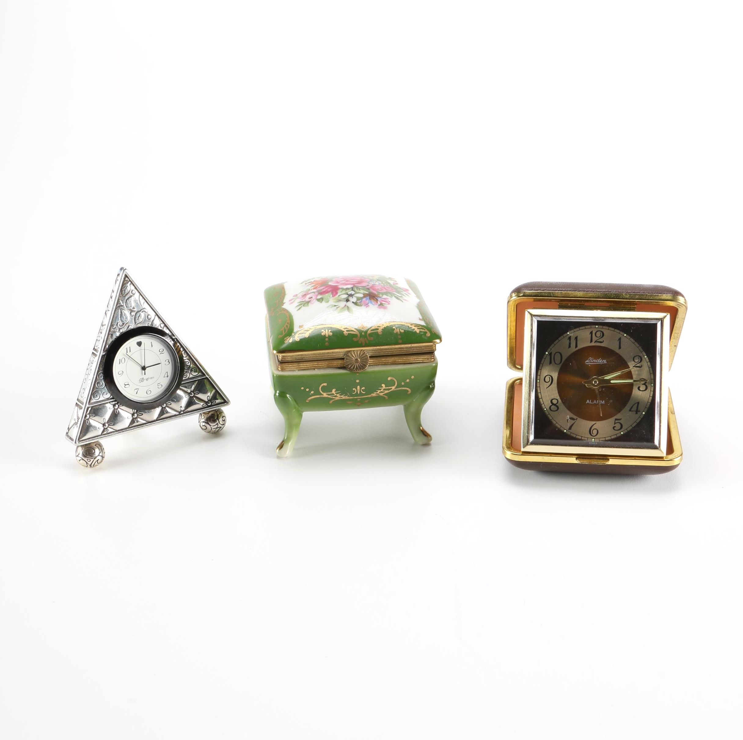 Brighton and Linden Travel Clocks with Porcelain Trinket Box