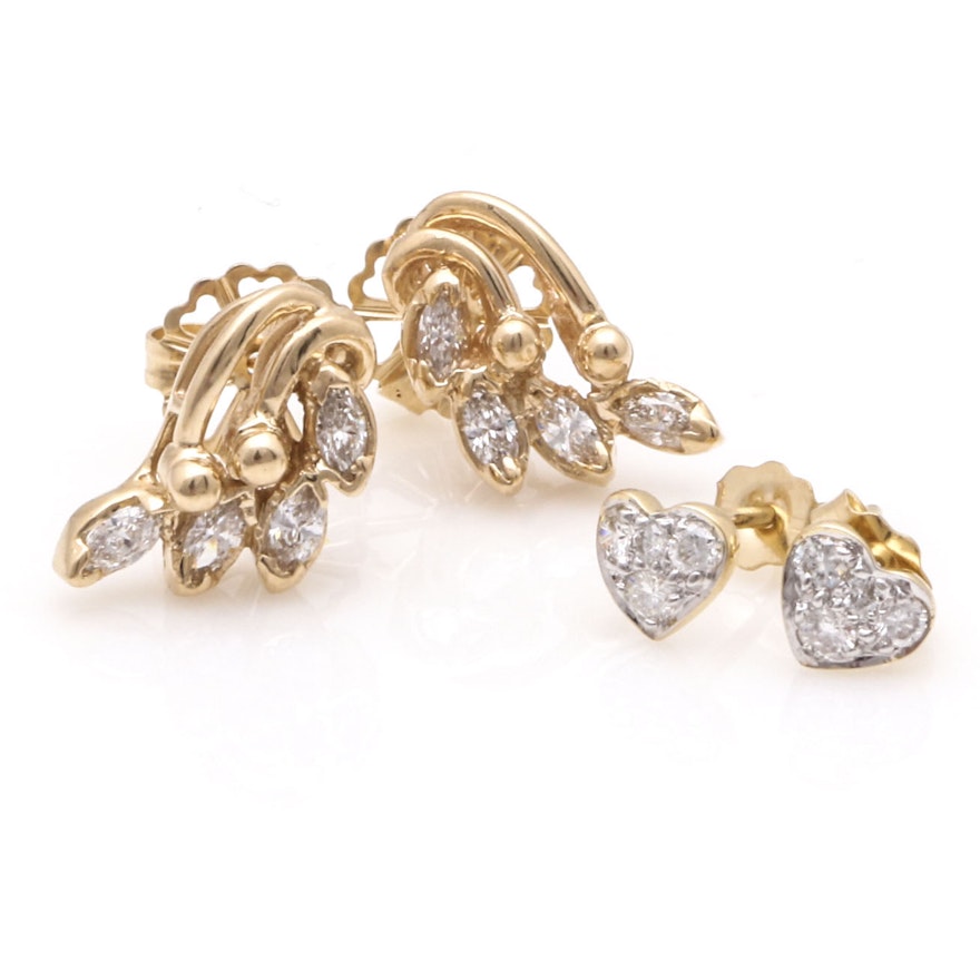 14K Yellow Gold Diamond Heart and Floral Earrings