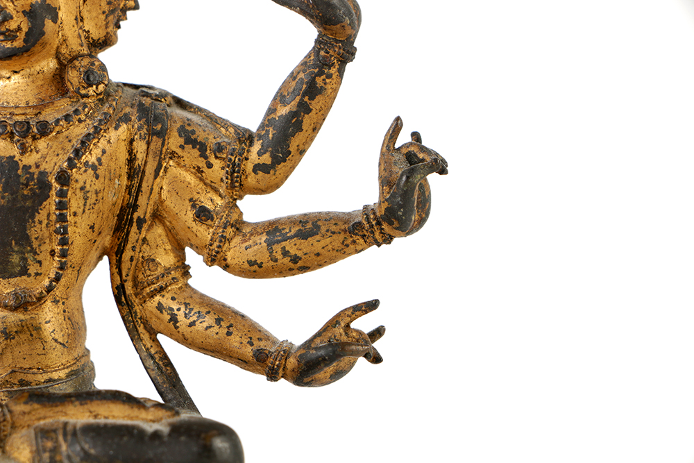 Tibetan Bronze of Three-Headed, Six-Armed Seated Bodhisattva