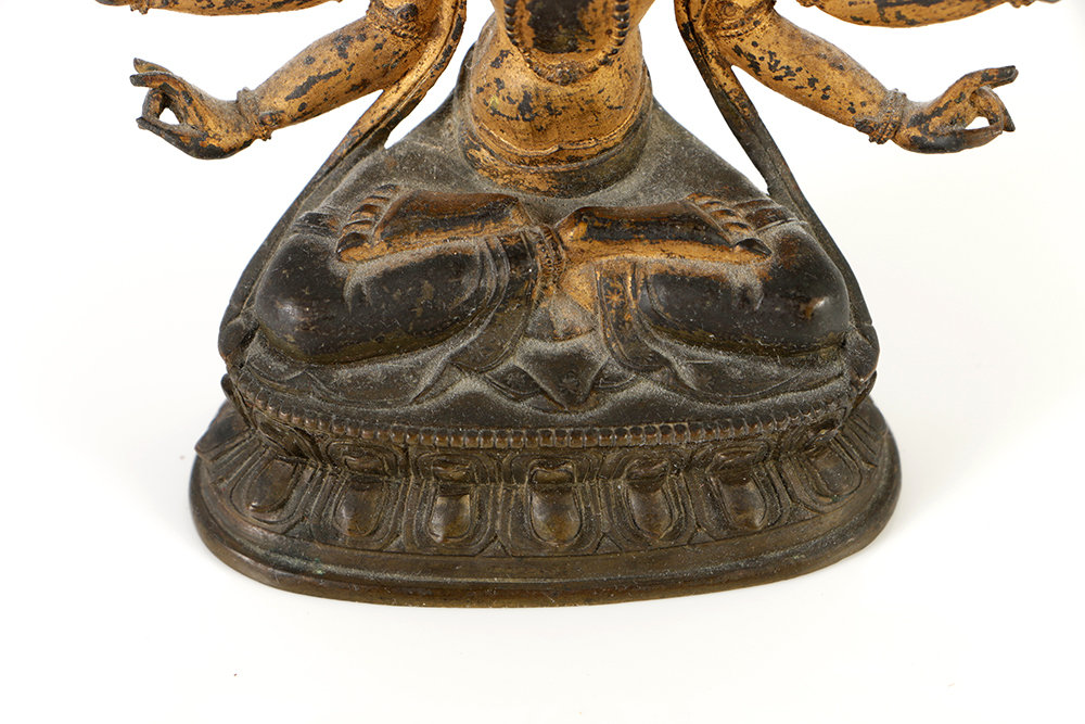 Tibetan Bronze of Three-Headed, Six-Armed Seated Bodhisattva