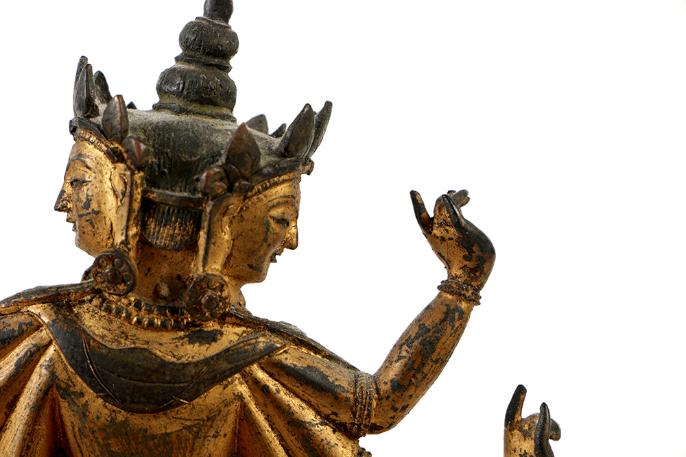 Tibetan Bronze of Three-Headed, Six-Armed Seated Bodhisattva
