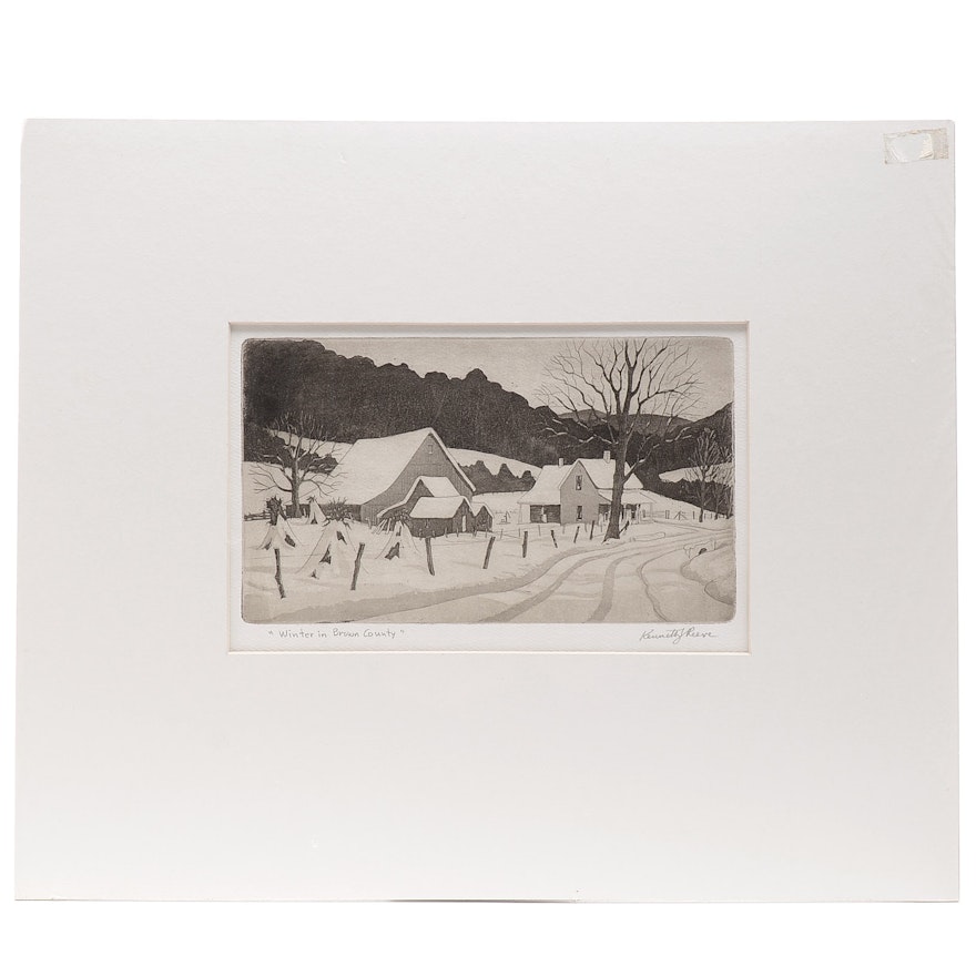 Kenneth Reeve Signed Aquatint Etching "Winter in Brown County"