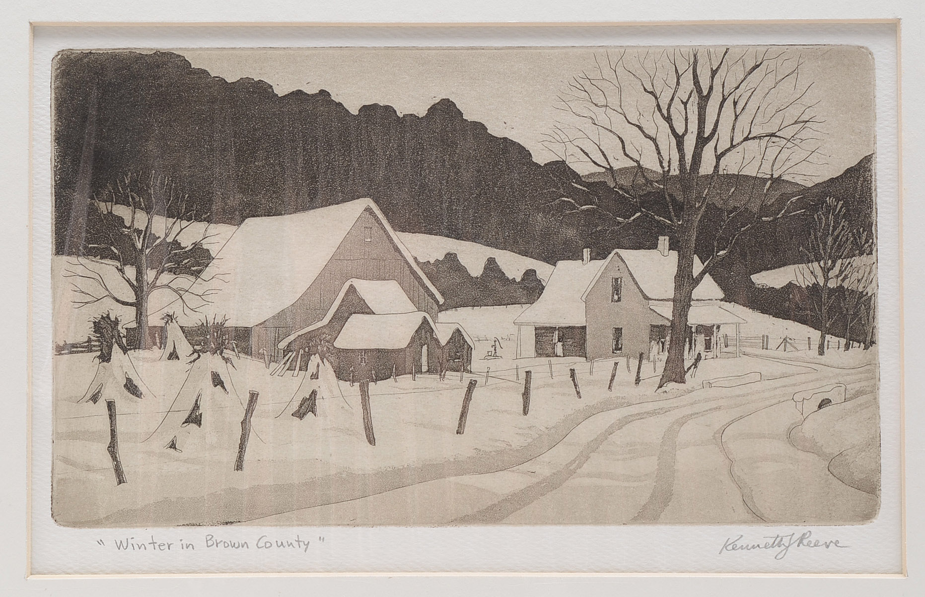 Kenneth Reeve Signed Aquatint Etching "Winter in Brown County"