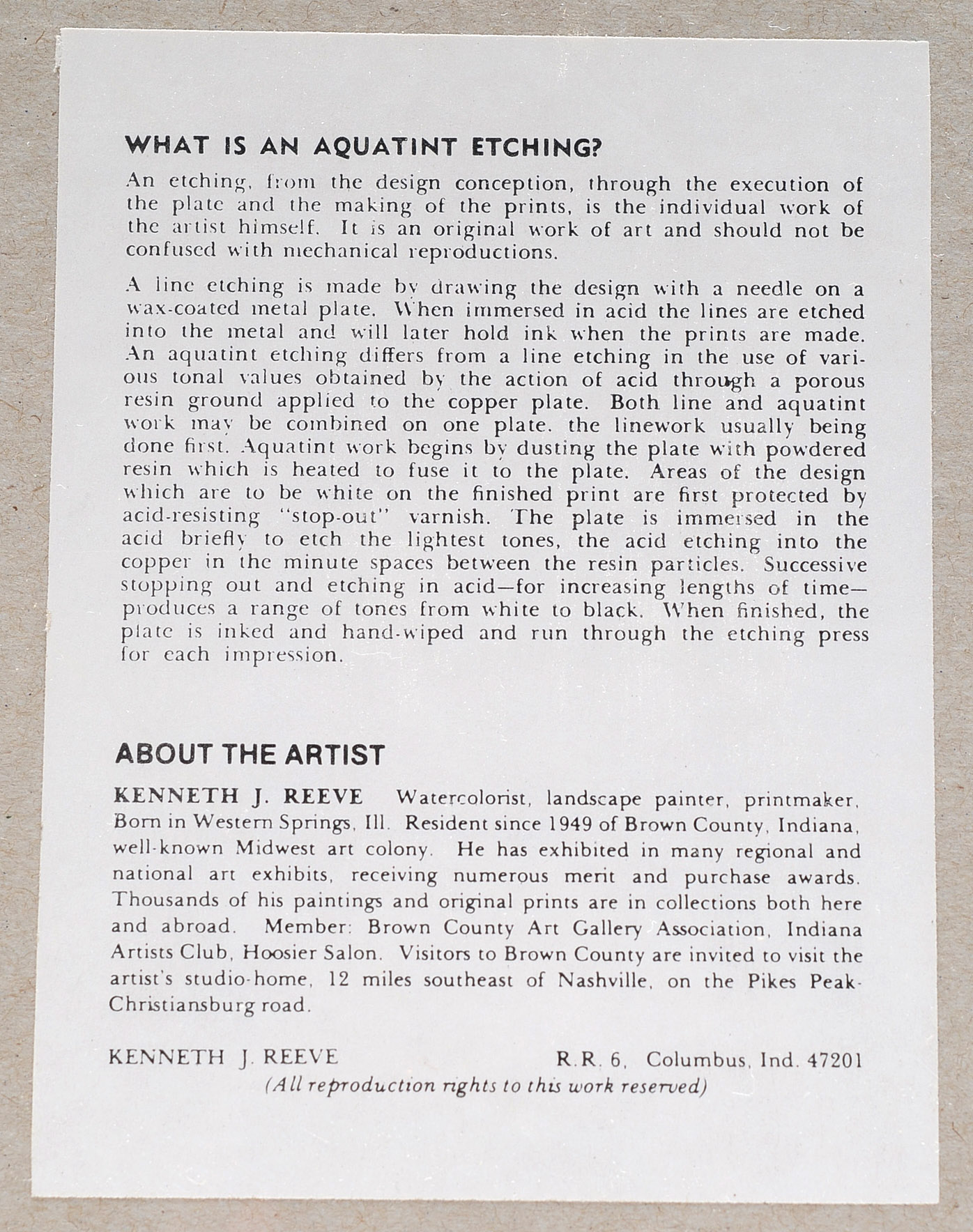 Kenneth Reeve Signed Aquatint Etching "Winter in Brown County"