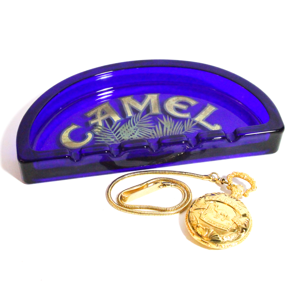 Joe "Camel" 80th Anniversary Pocket Watch and Deep Blue Glass Ash Tray