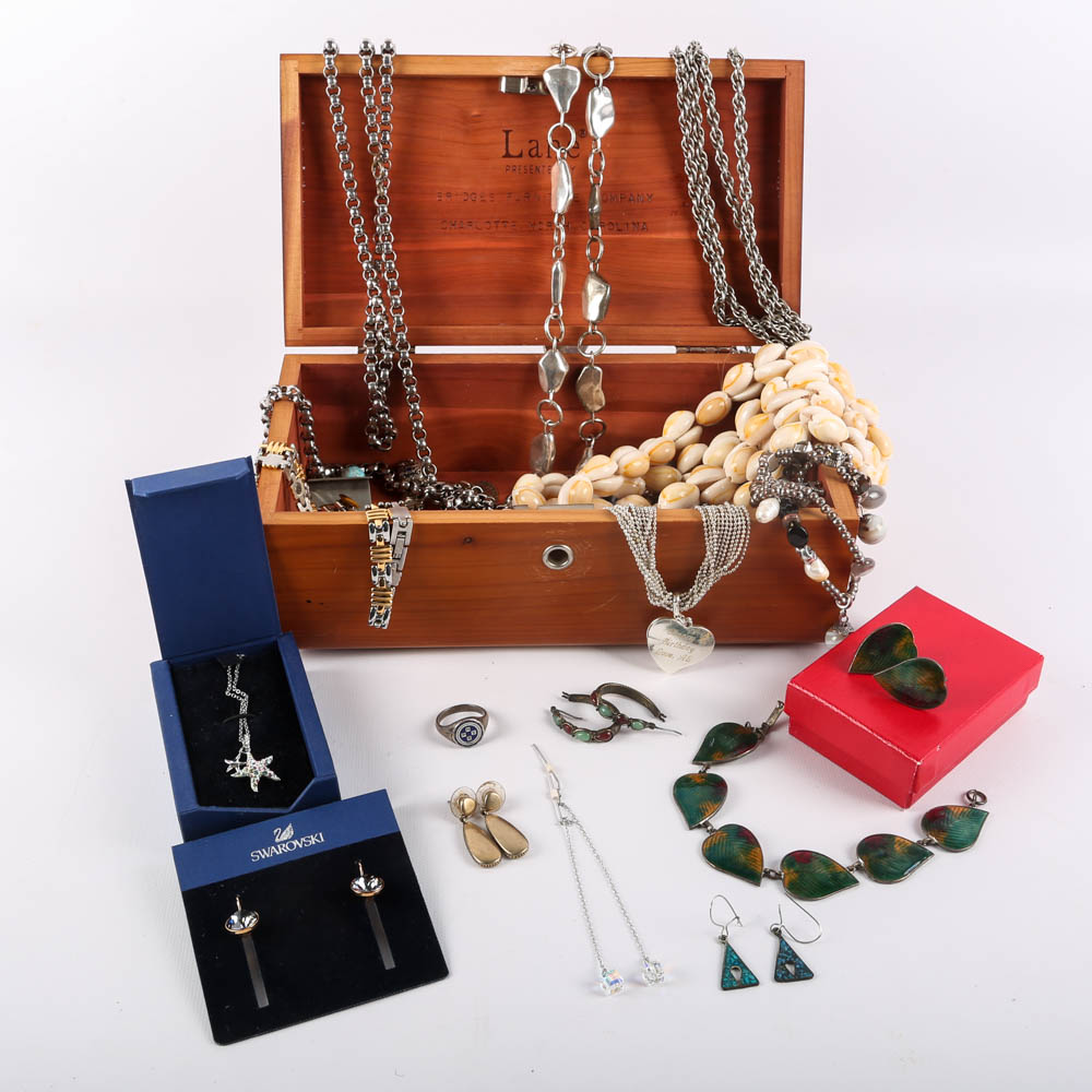 Vintage Lane Jewelry Chest of Silver Tone Costume Jewelry