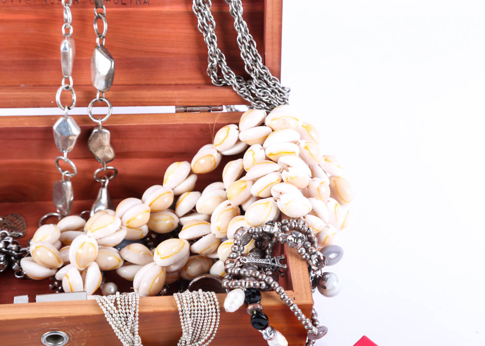 Vintage Lane Jewelry Chest of Silver Tone Costume Jewelry