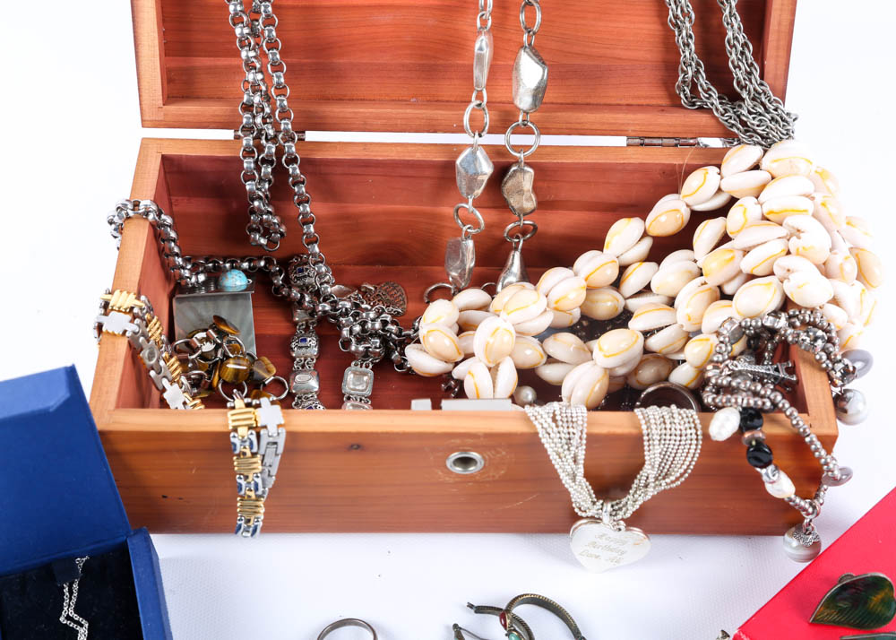 Vintage Lane Jewelry Chest of Silver Tone Costume Jewelry