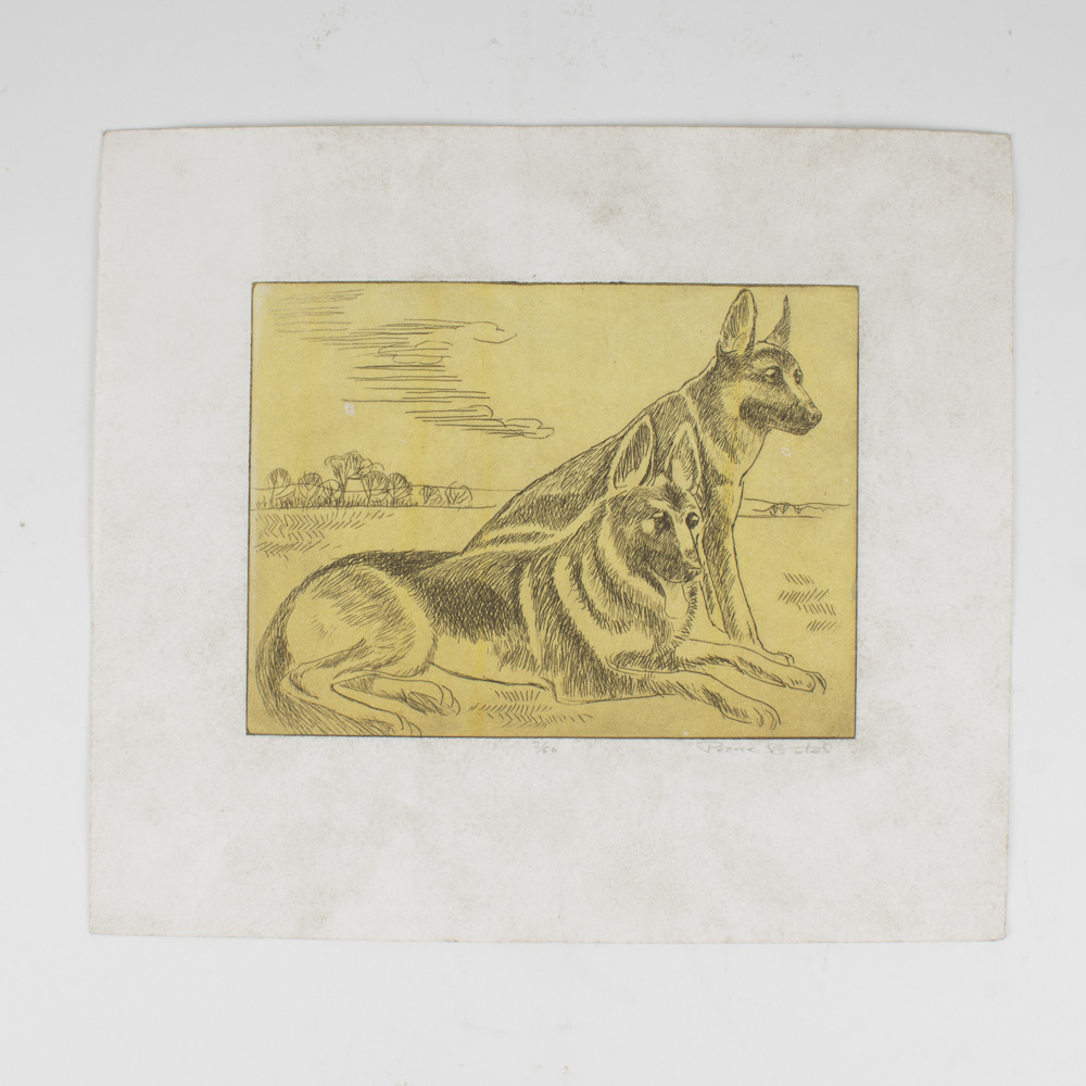Pearce Bates Signed Limited Edition Wood Block Print of Two German Shepherds