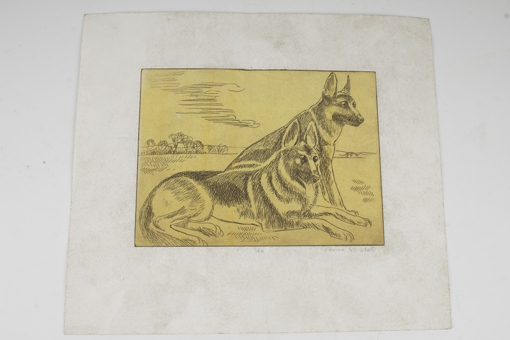 Pearce Bates Signed Limited Edition Wood Block Print of Two German Shepherds