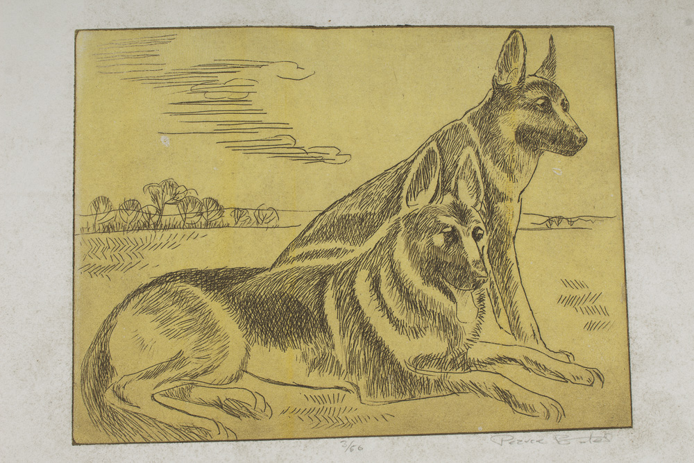 Pearce Bates Signed Limited Edition Wood Block Print of Two German Shepherds