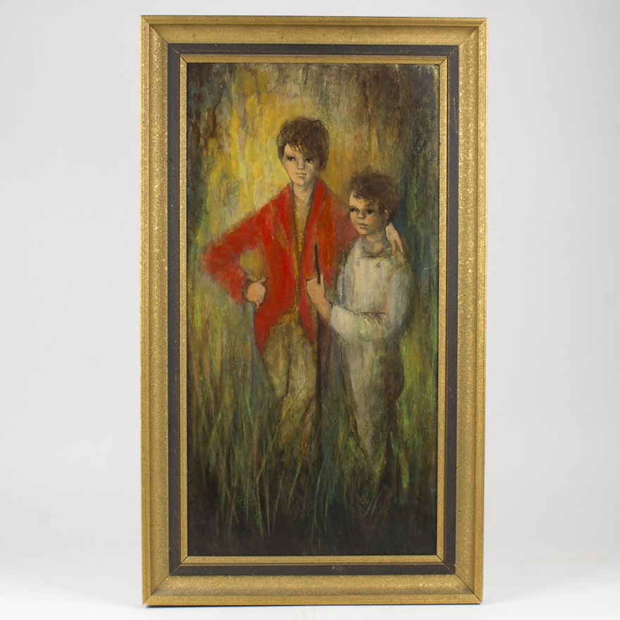 Nadine Hoskins Oil Painting on Board Depicting Portrait of Two Brothers