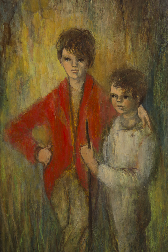 Nadine Hoskins Oil Painting on Board Depicting Portrait of Two Brothers