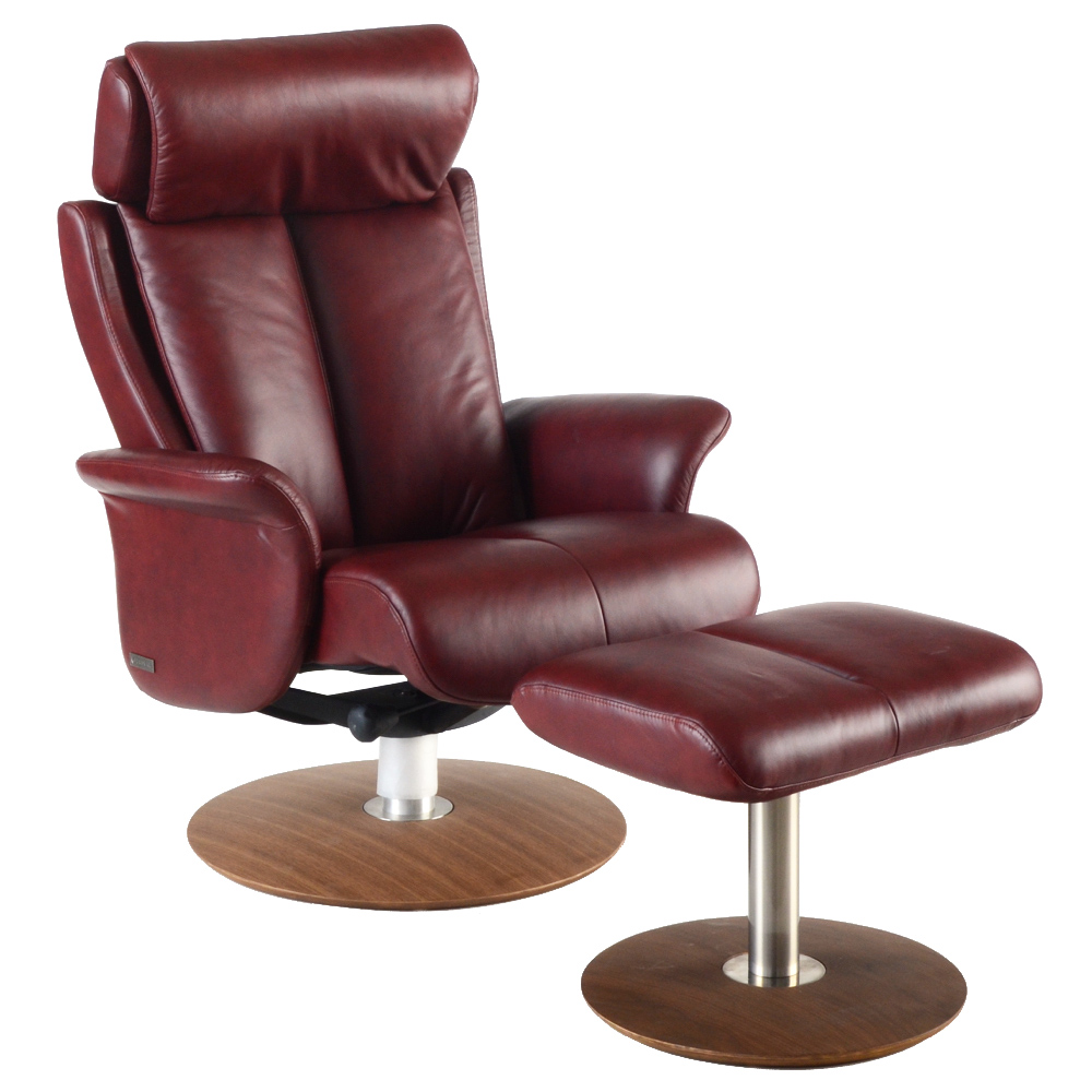 Zedere Burgundy Leather Swivel Recliner with Footstool