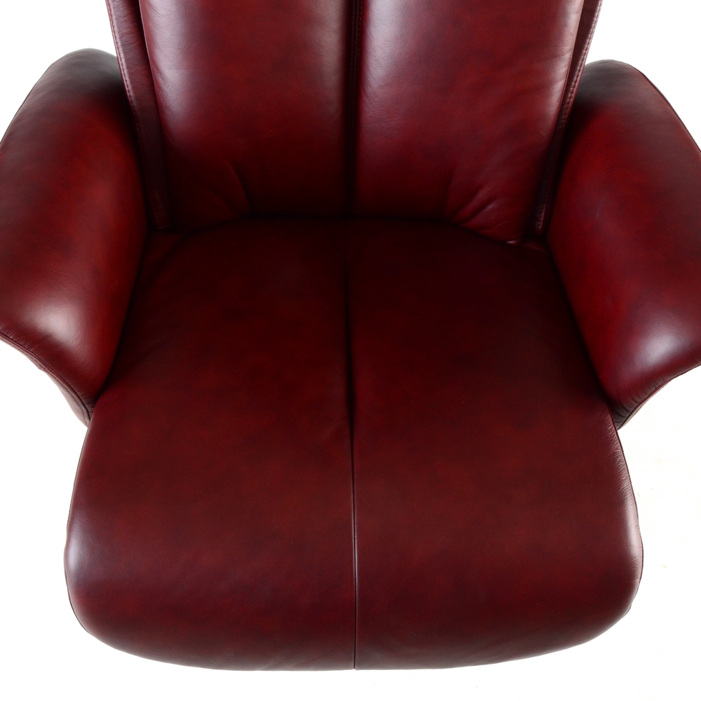 Zedere Burgundy Leather Swivel Recliner with Footstool