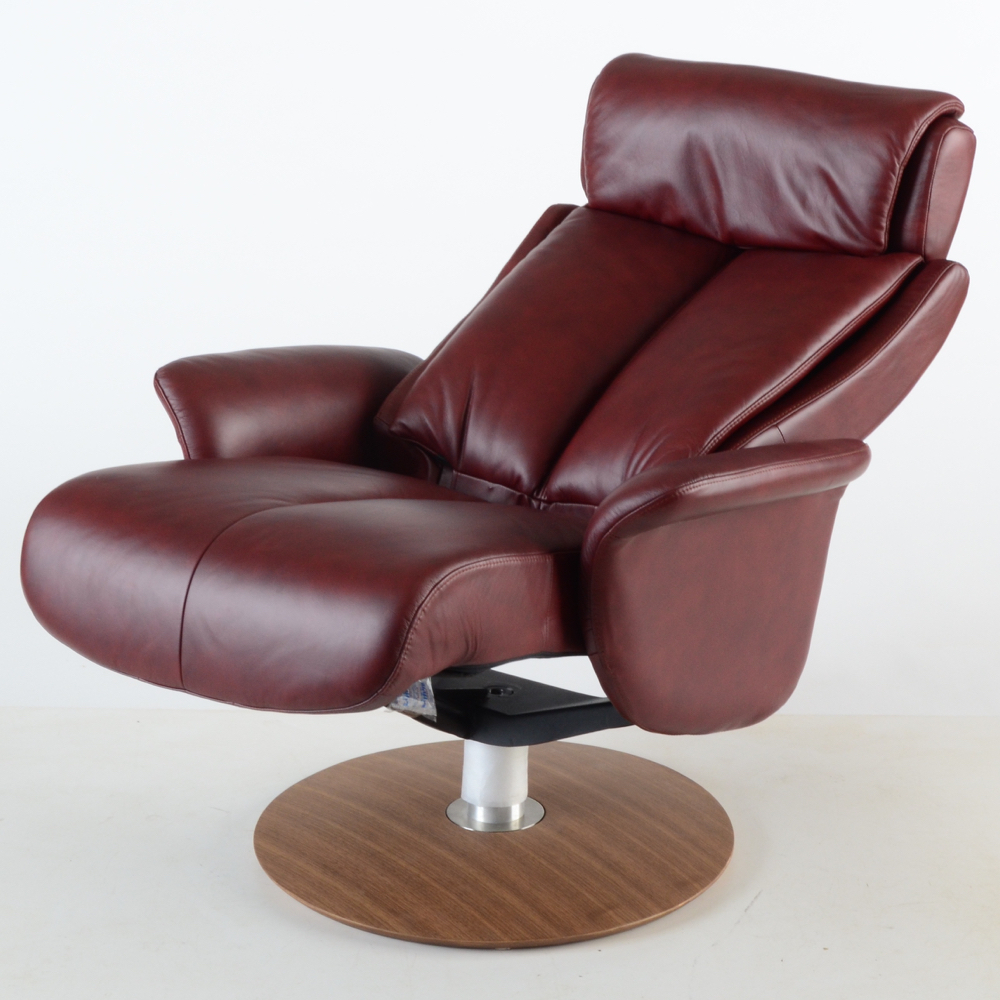 Zedere Burgundy Leather Swivel Recliner with Footstool