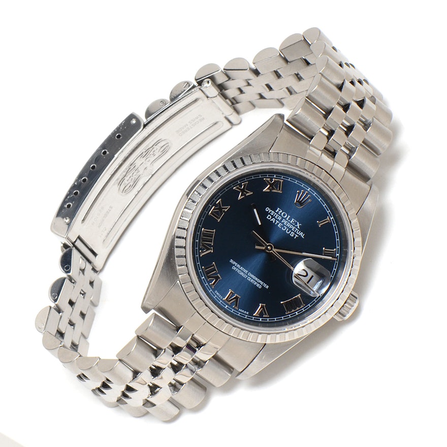 Men's Rolex Datejust Steel 16220 Blue Roman Dial Automatic Watch