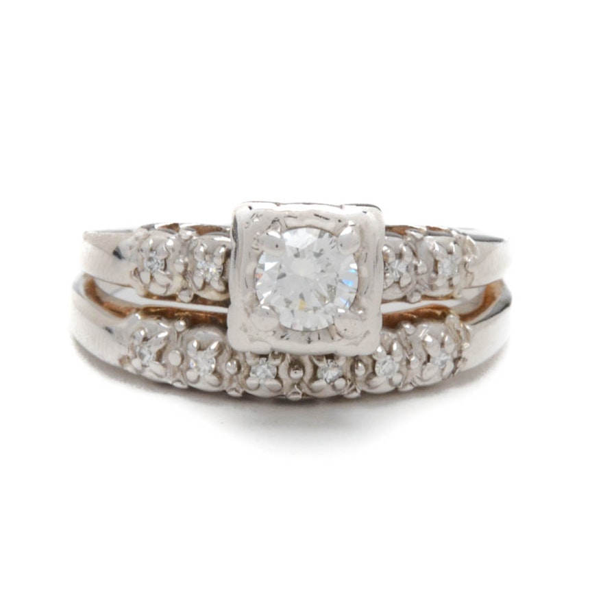 Vintage 14K White Gold Diamond Wedding Ring Conjoined Set