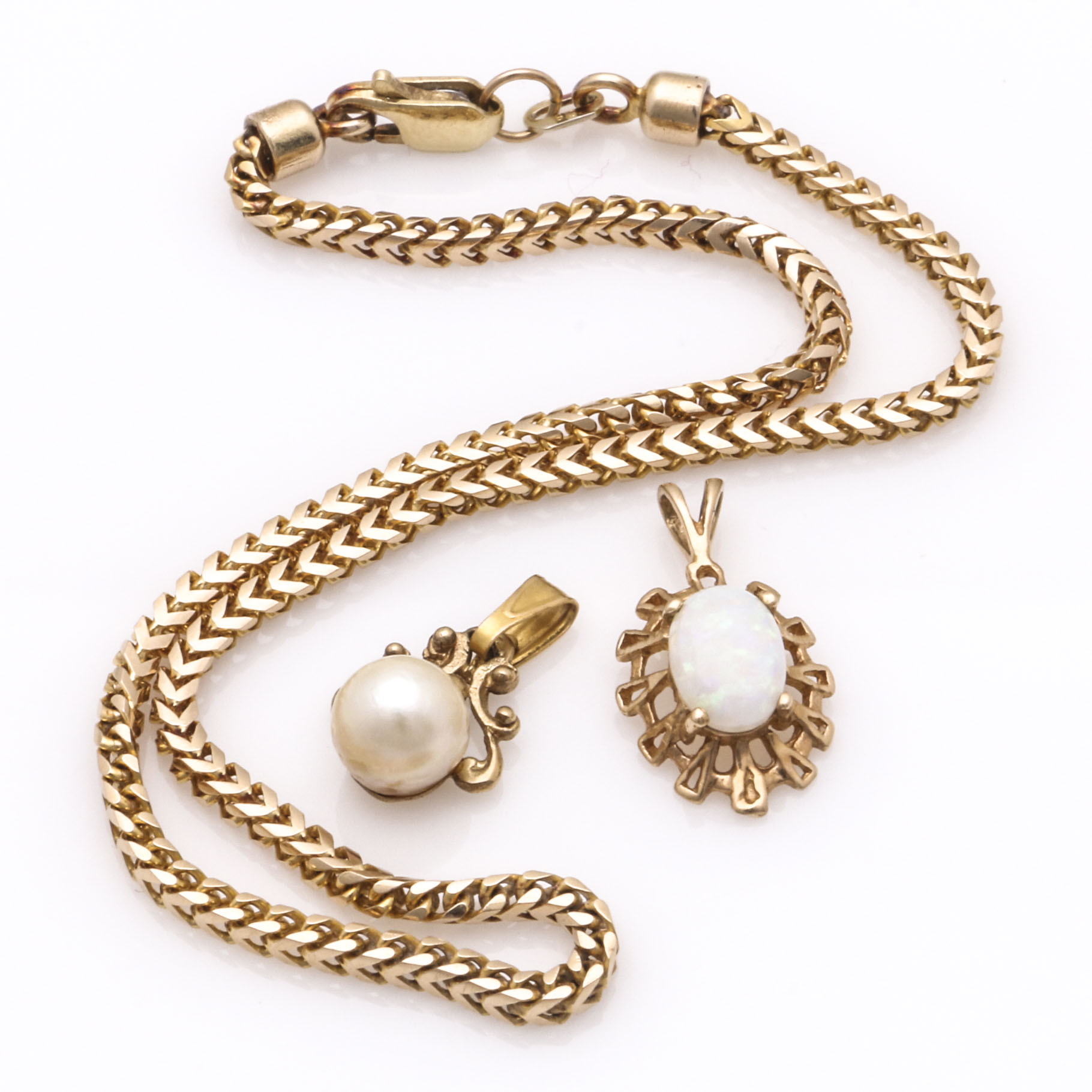 10K Yellow Gold Opal and Pearl Bracelet and Pendants