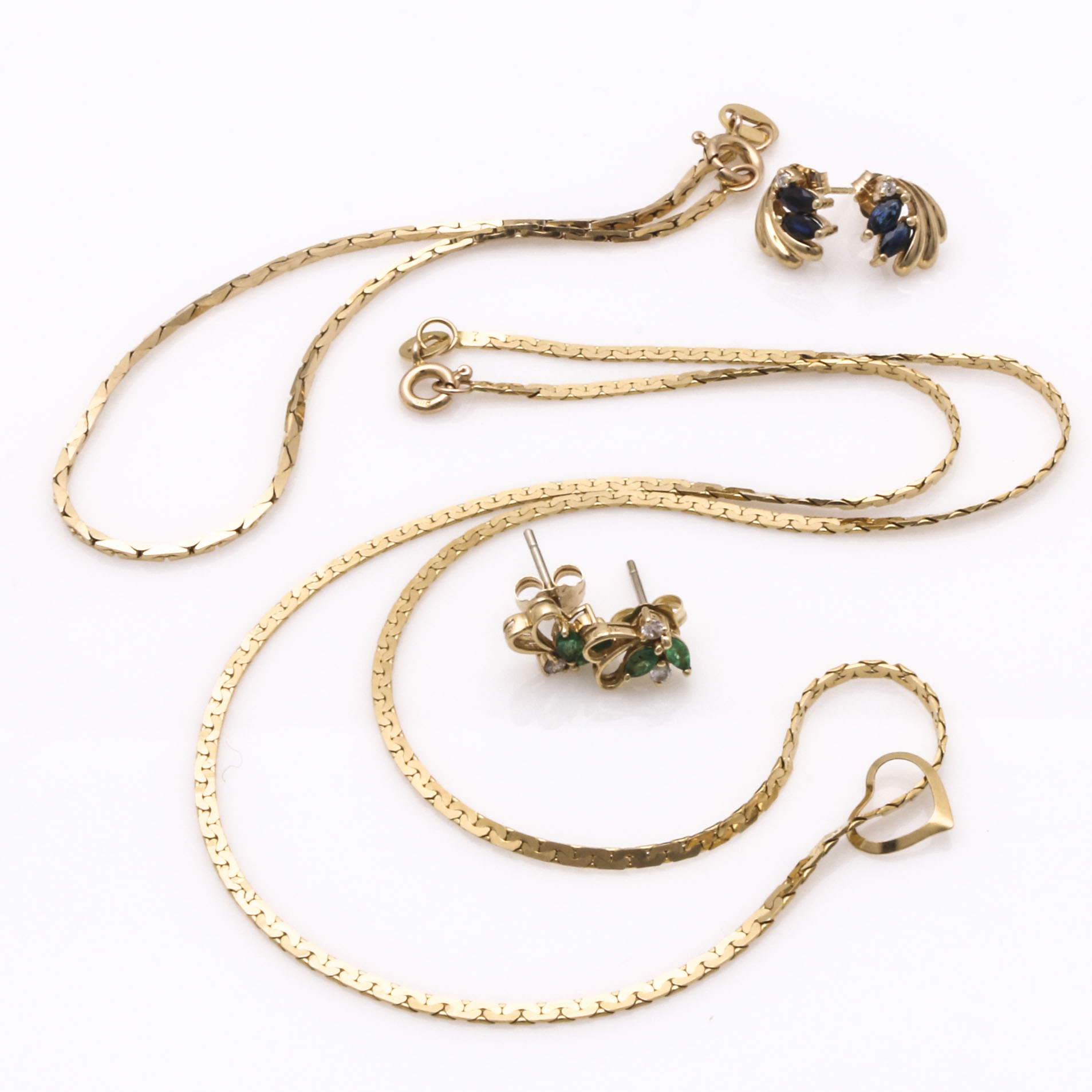 14K Yellow Gold Jewelry Set With Sapphires, Emeralds and Diamonds