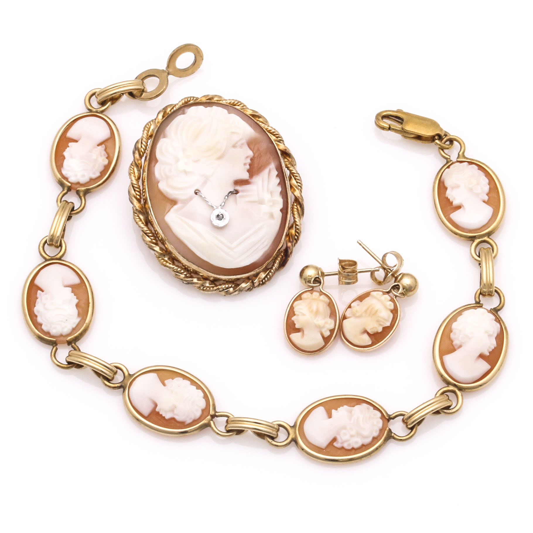Gold Filled Shell Cameo and Diamond Jewelry