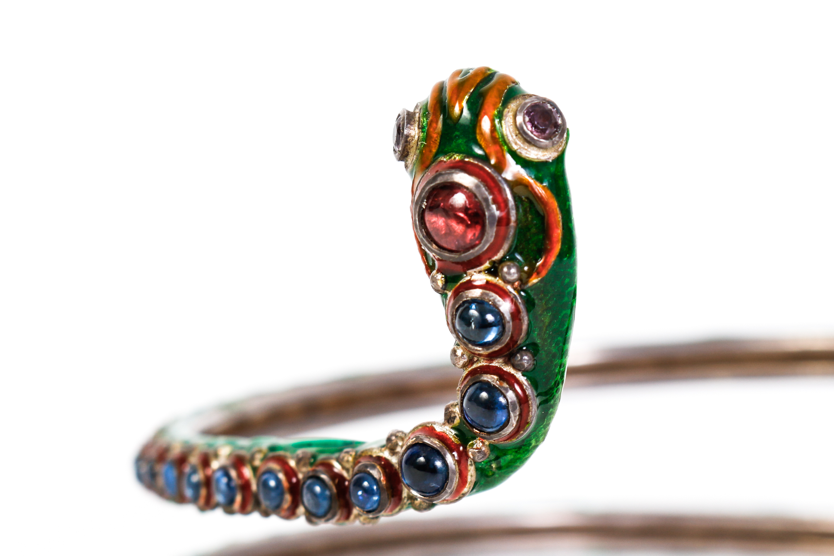 Vintage Multi-Stone, Enamel and Sterling Silver Snake Arm Cuff