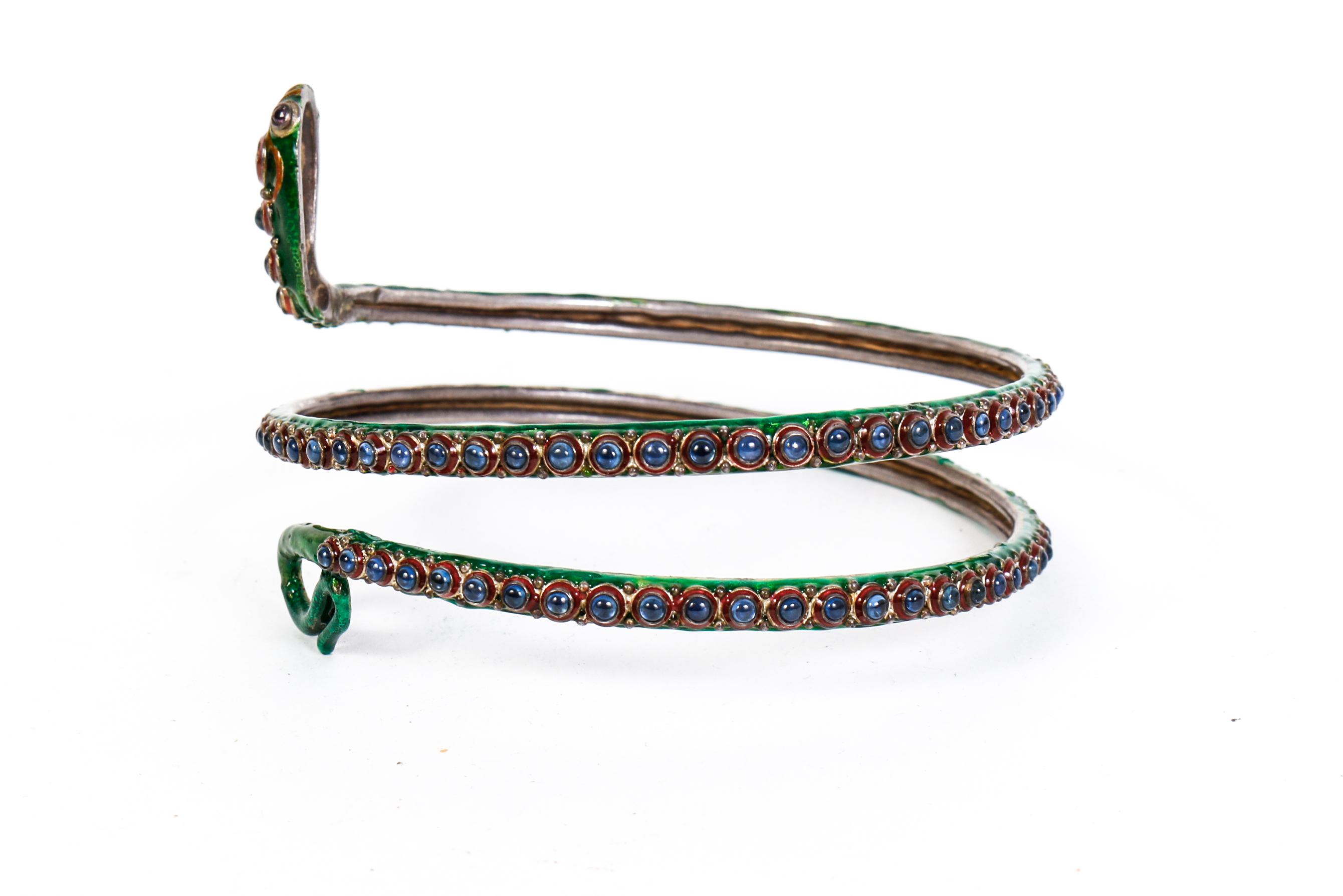Vintage Multi-Stone, Enamel and Sterling Silver Snake Arm Cuff