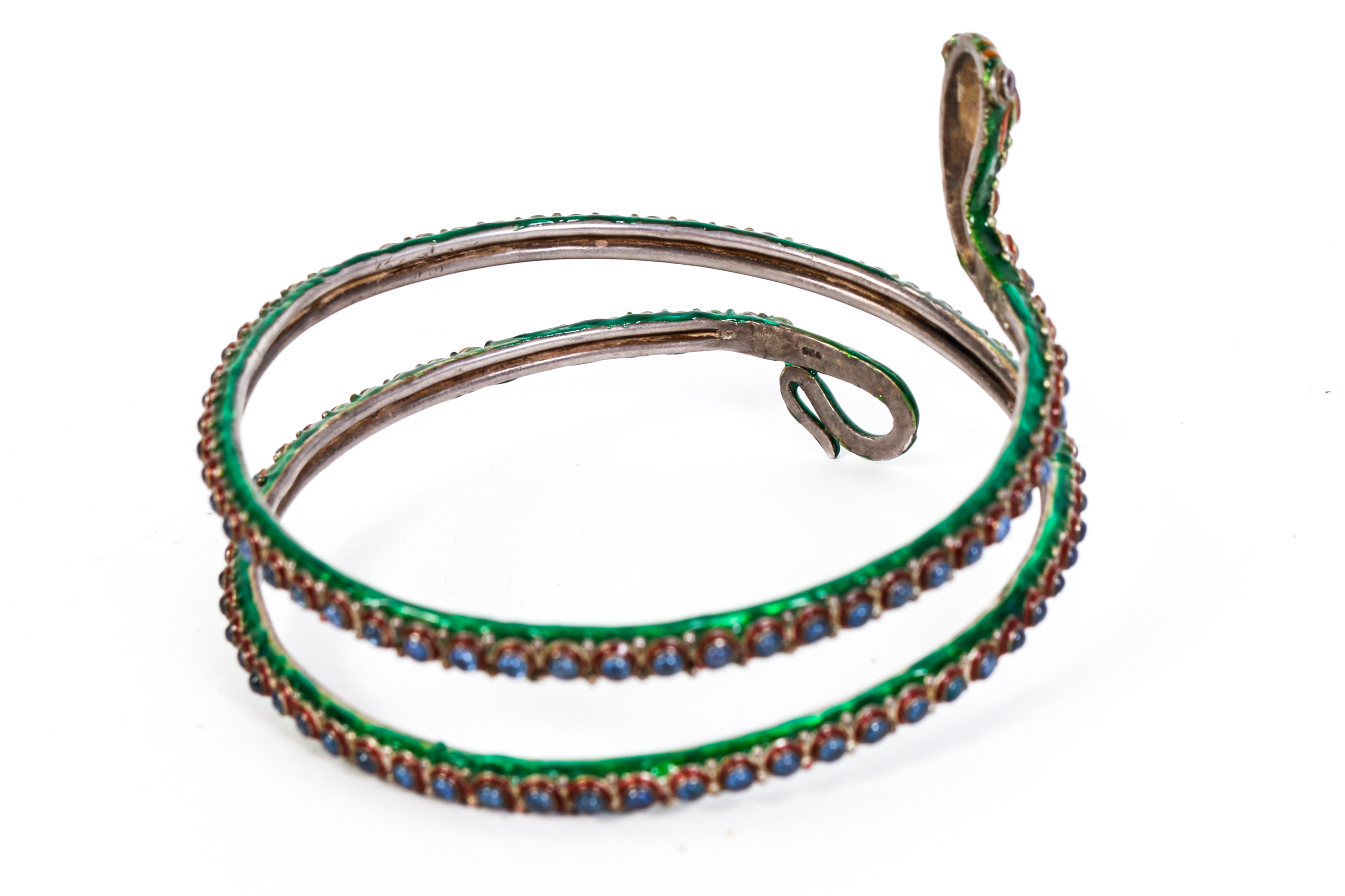 Vintage Multi-Stone, Enamel and Sterling Silver Snake Arm Cuff