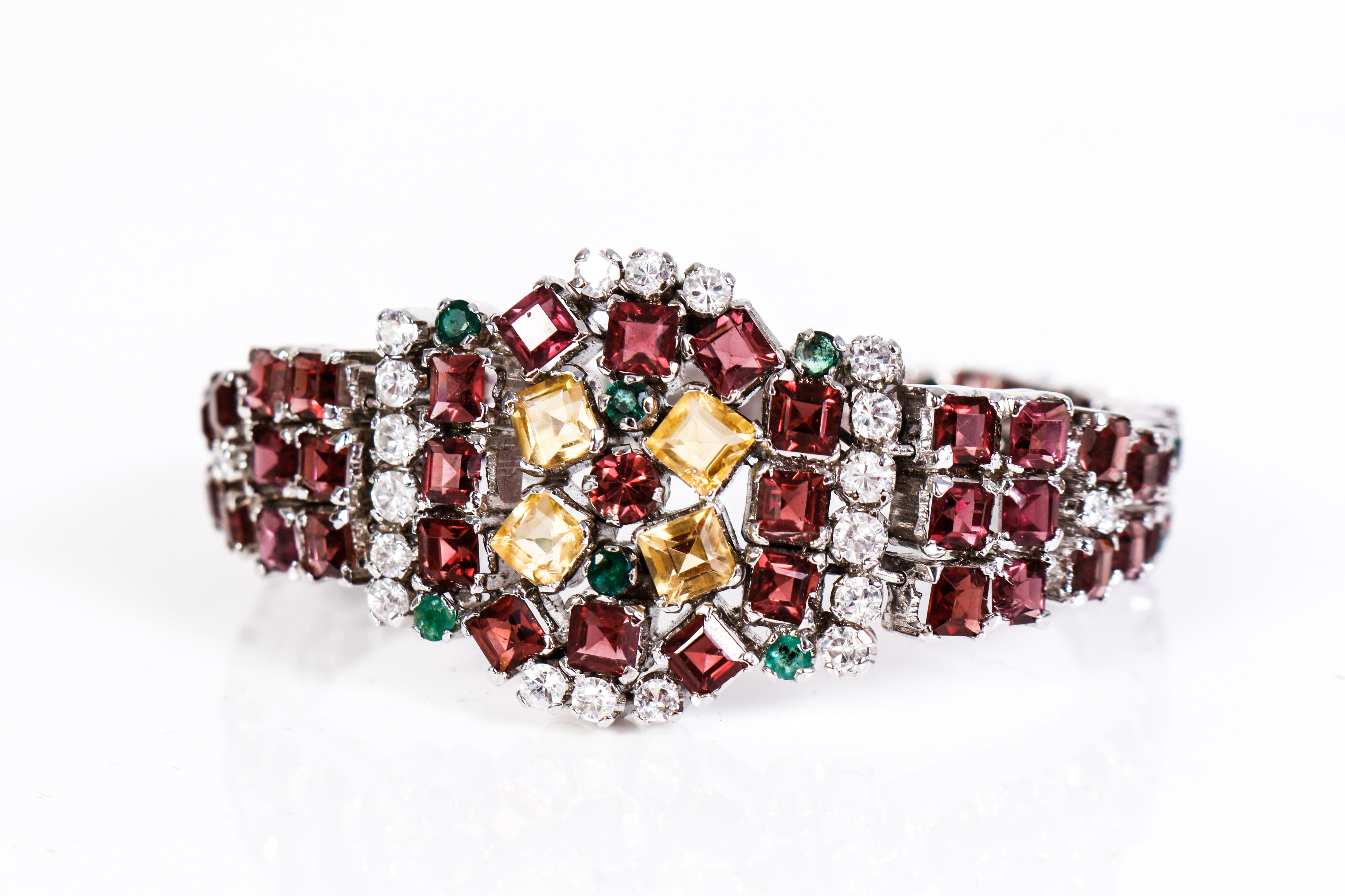 Vintage Sterling Silver ,Garnet, Emerald, Citrine and Cubic Zirconia Bracelet