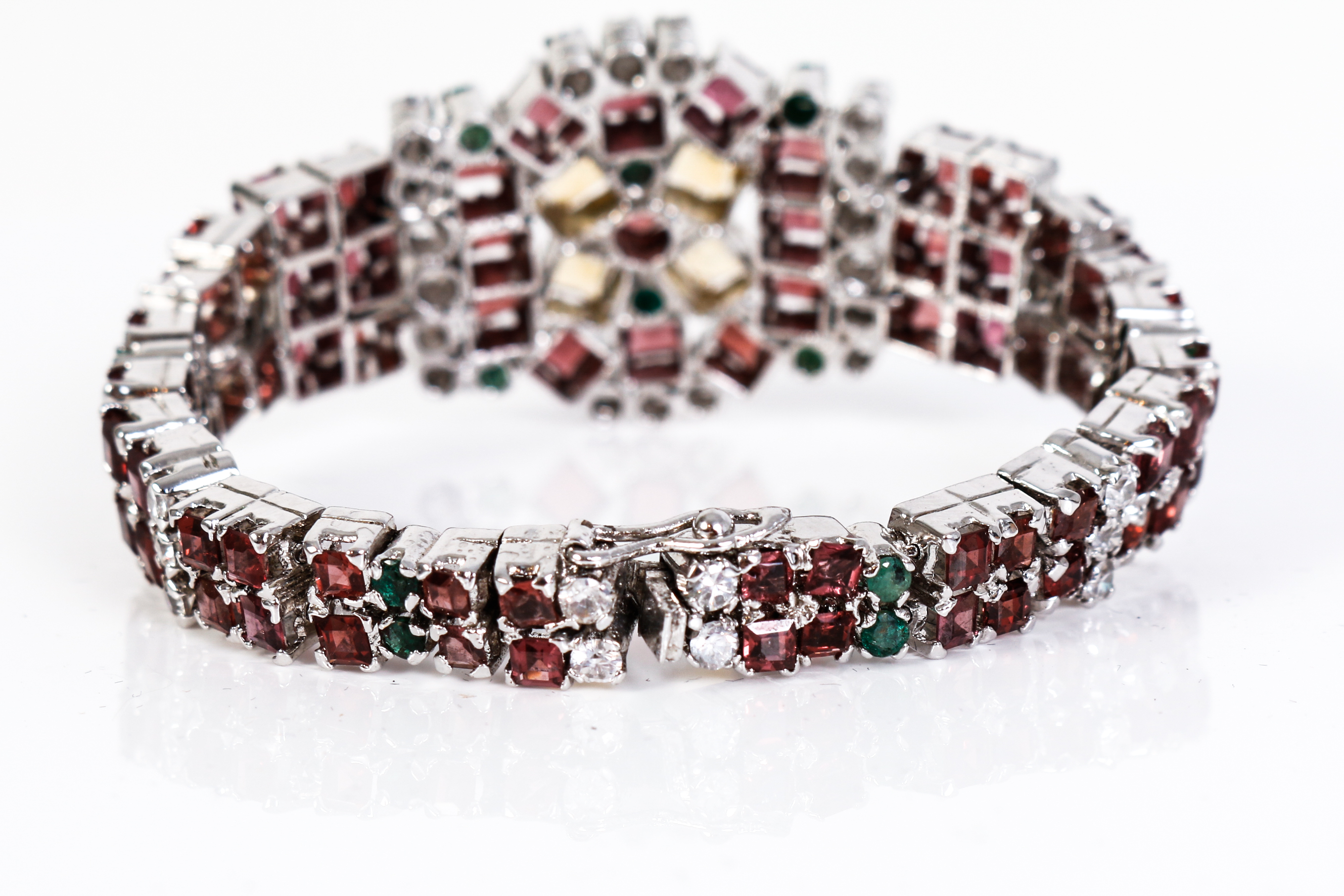 Vintage Sterling Silver ,Garnet, Emerald, Citrine and Cubic Zirconia Bracelet