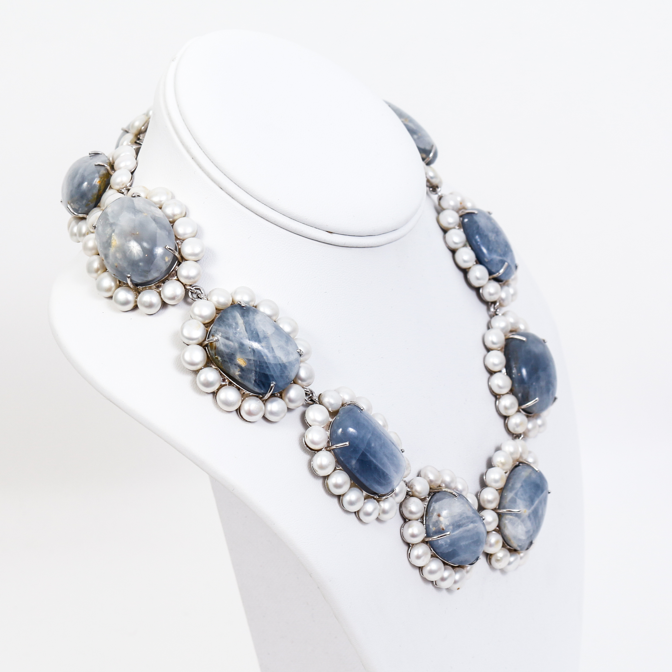 Custom Made Joseph Holland Quartz, Cultured Pearl and Silver Collar Necklace