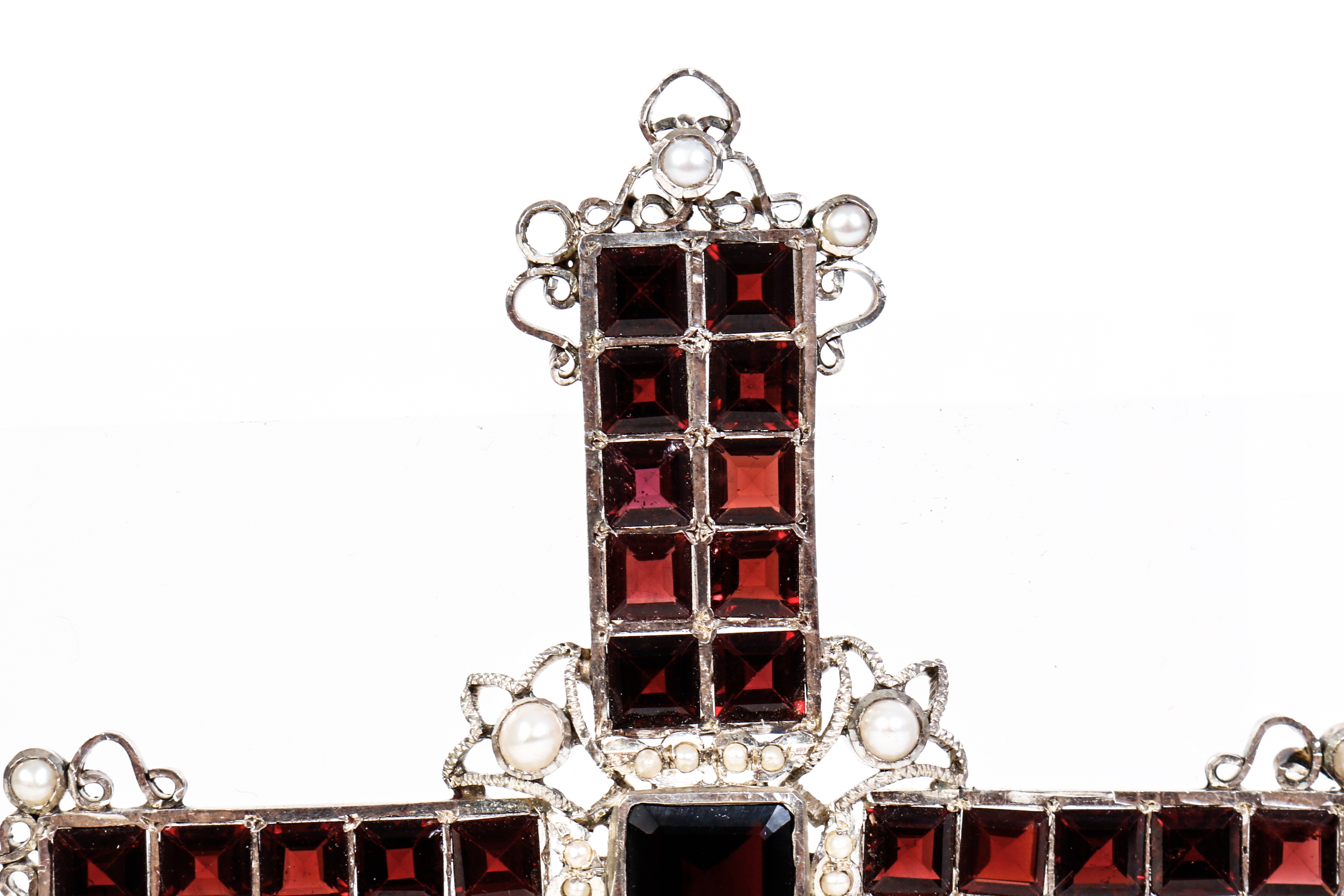Garnet,Freshwater Cultured Pearl and Silver Crucifix