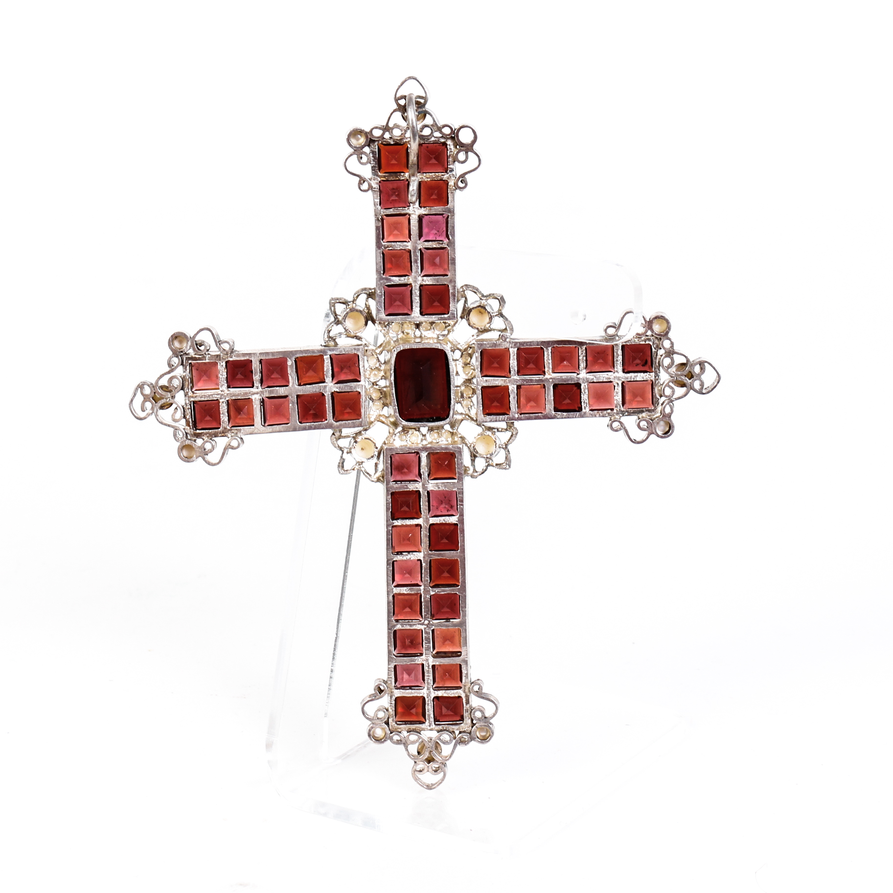 Garnet,Freshwater Cultured Pearl and Silver Crucifix