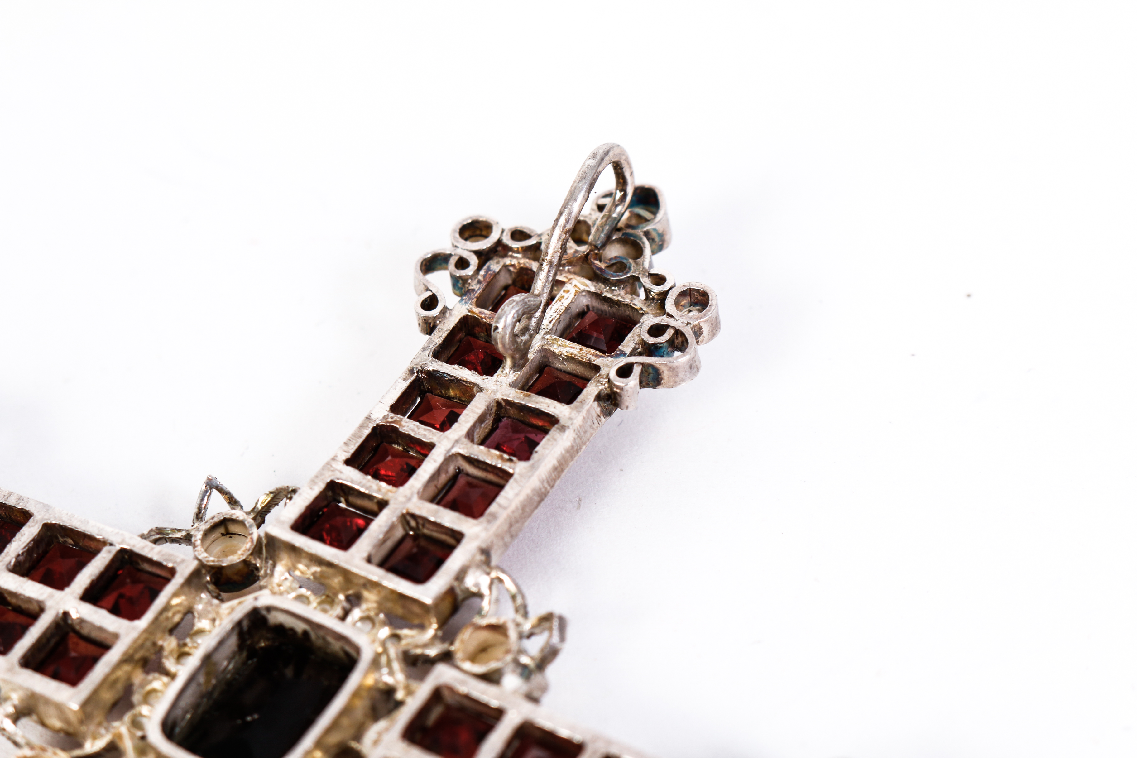 Garnet,Freshwater Cultured Pearl and Silver Crucifix