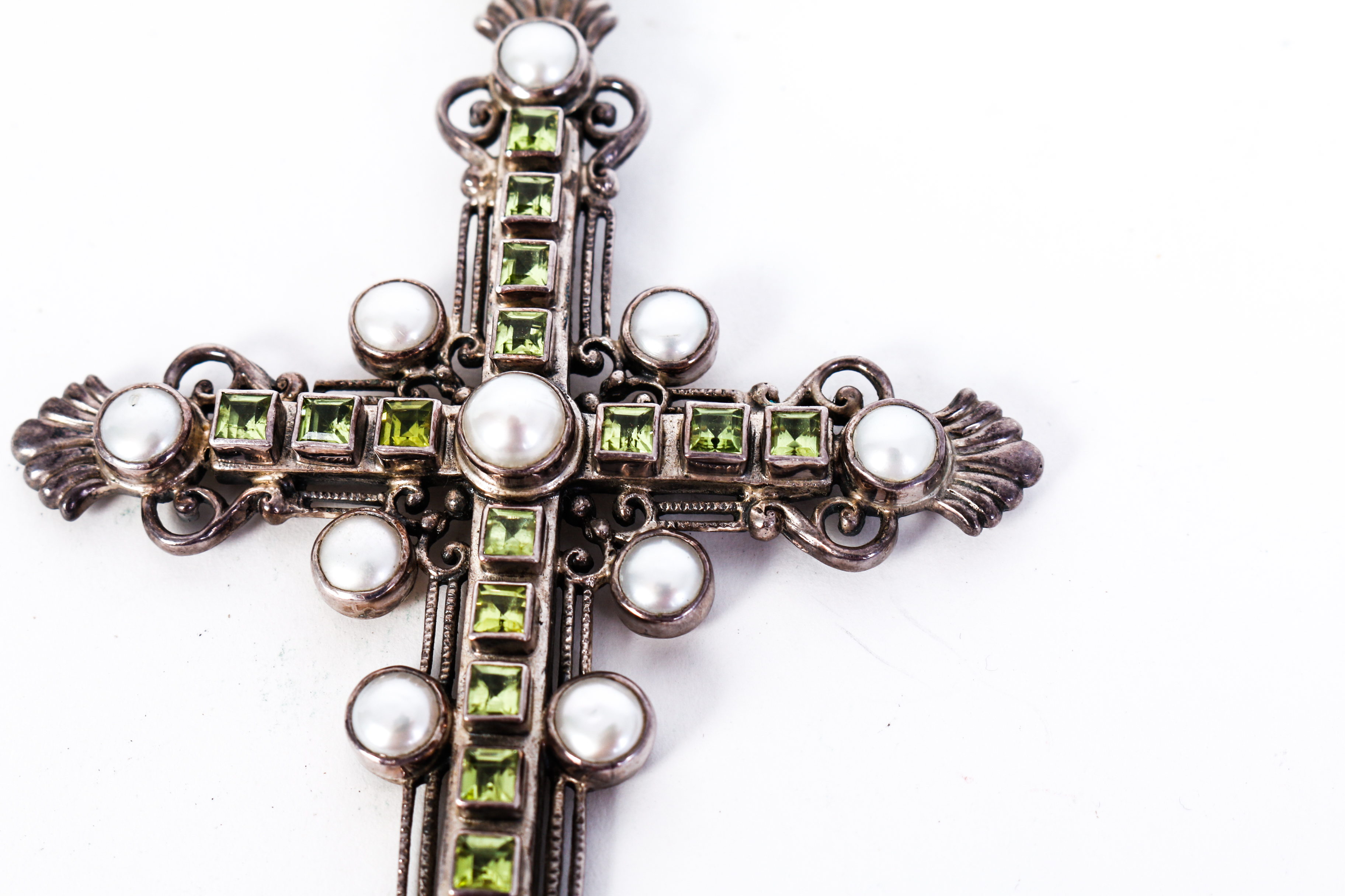Vintage Peridot, Freshwater Cultured Pearl and Sterling Silver Cross