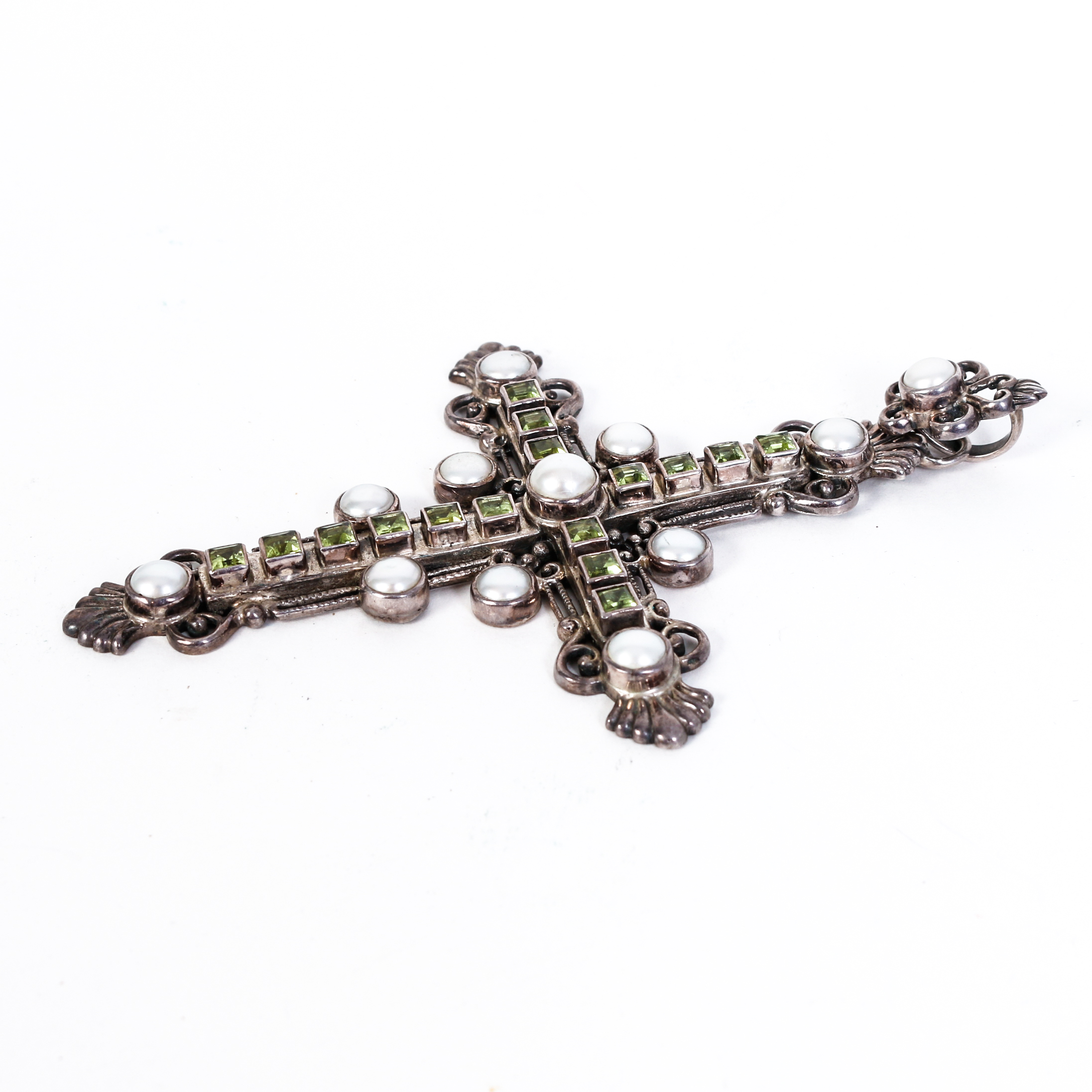 Vintage Peridot, Freshwater Cultured Pearl and Sterling Silver Cross