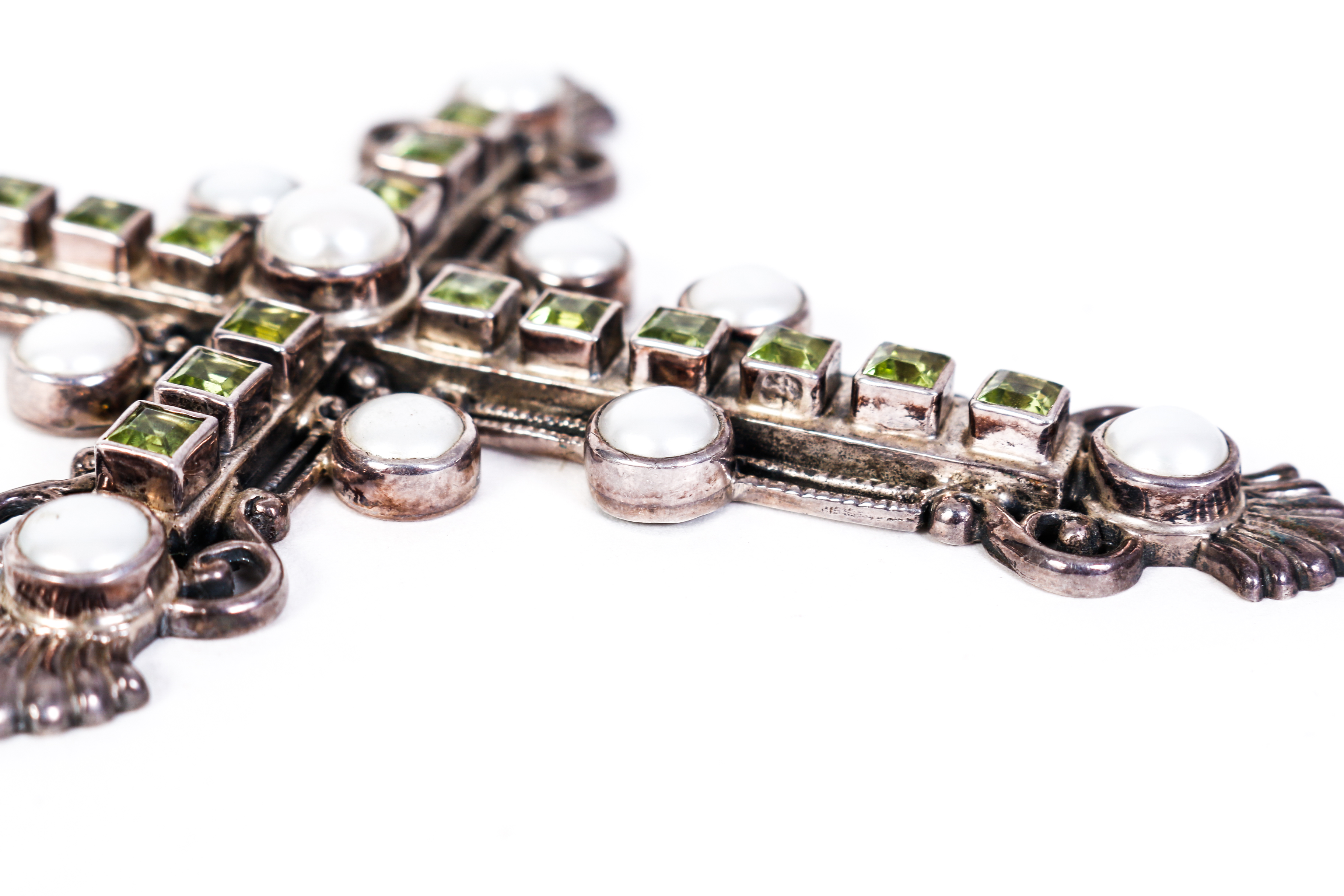 Vintage Peridot, Freshwater Cultured Pearl and Sterling Silver Cross