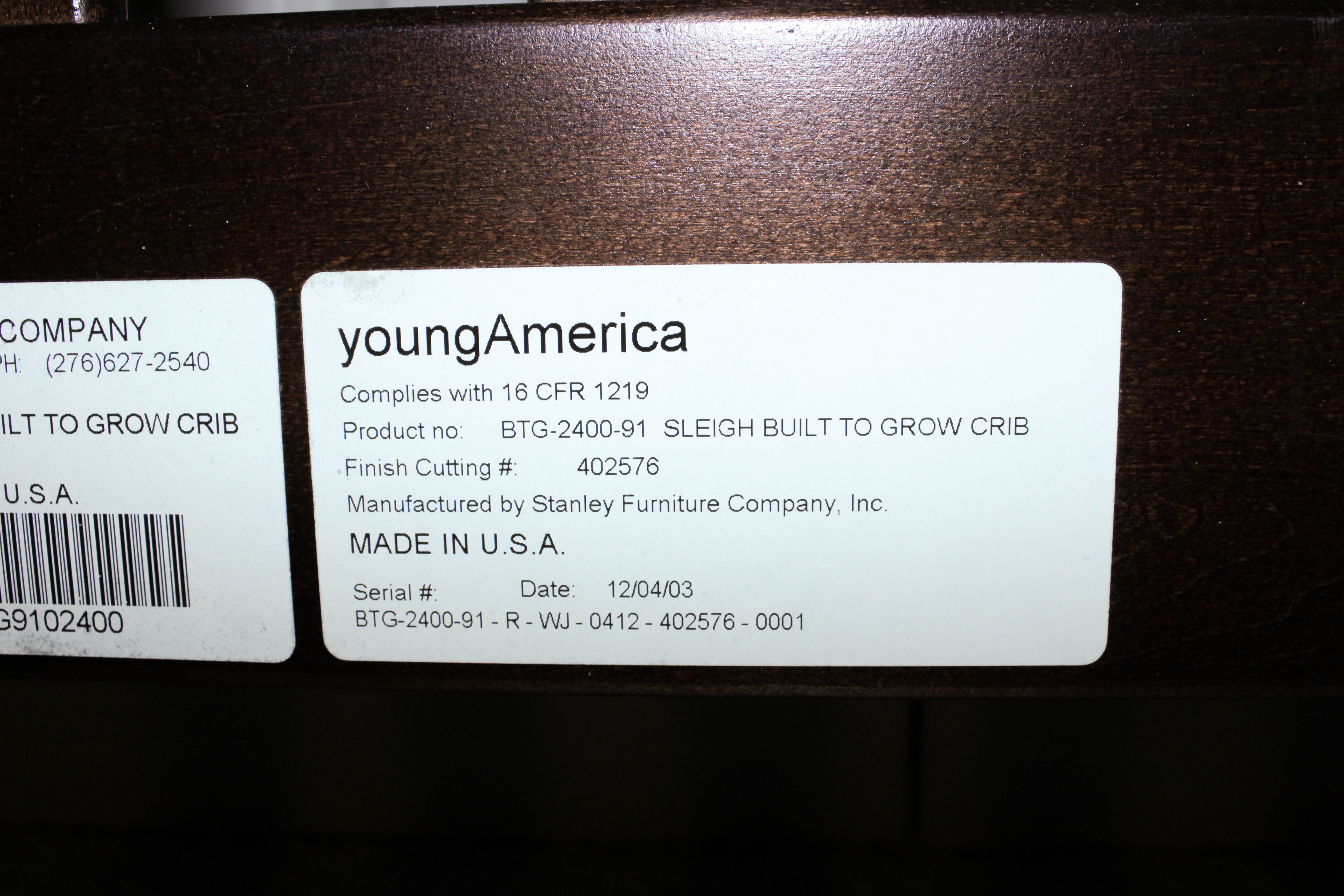 Stanley Furniture "Young America" Full Size Sleigh Bed Frame