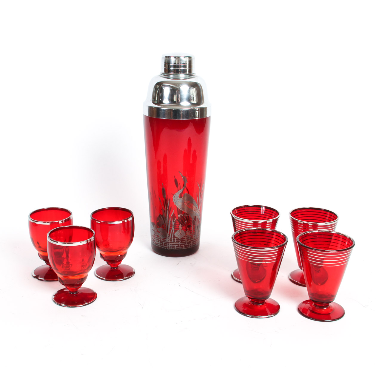 Red Glass and Sterling Overlay Cocktail Shaker With Glasses